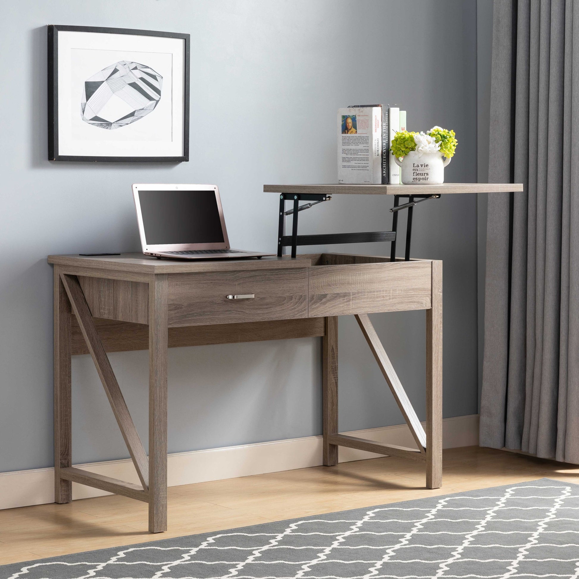 Home Office Desk, Lift Top Desk With Drawer, Usb Power Outlet Taupe Particle Board