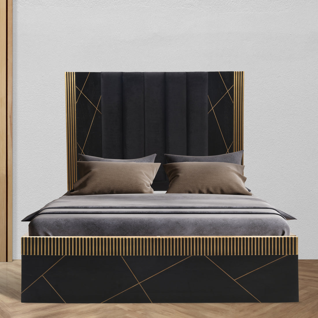 Allure Modern Style 5Pc Queen Bedroom Set Made With Mango Wood And Finished With Brass Metal Box Spring Not Required Queen Black Wood 5 Piece Set Bedroom Bed Included,Chest Included,Dresser Included,Mirror Included,Nightstand Included Contemporary,Modern