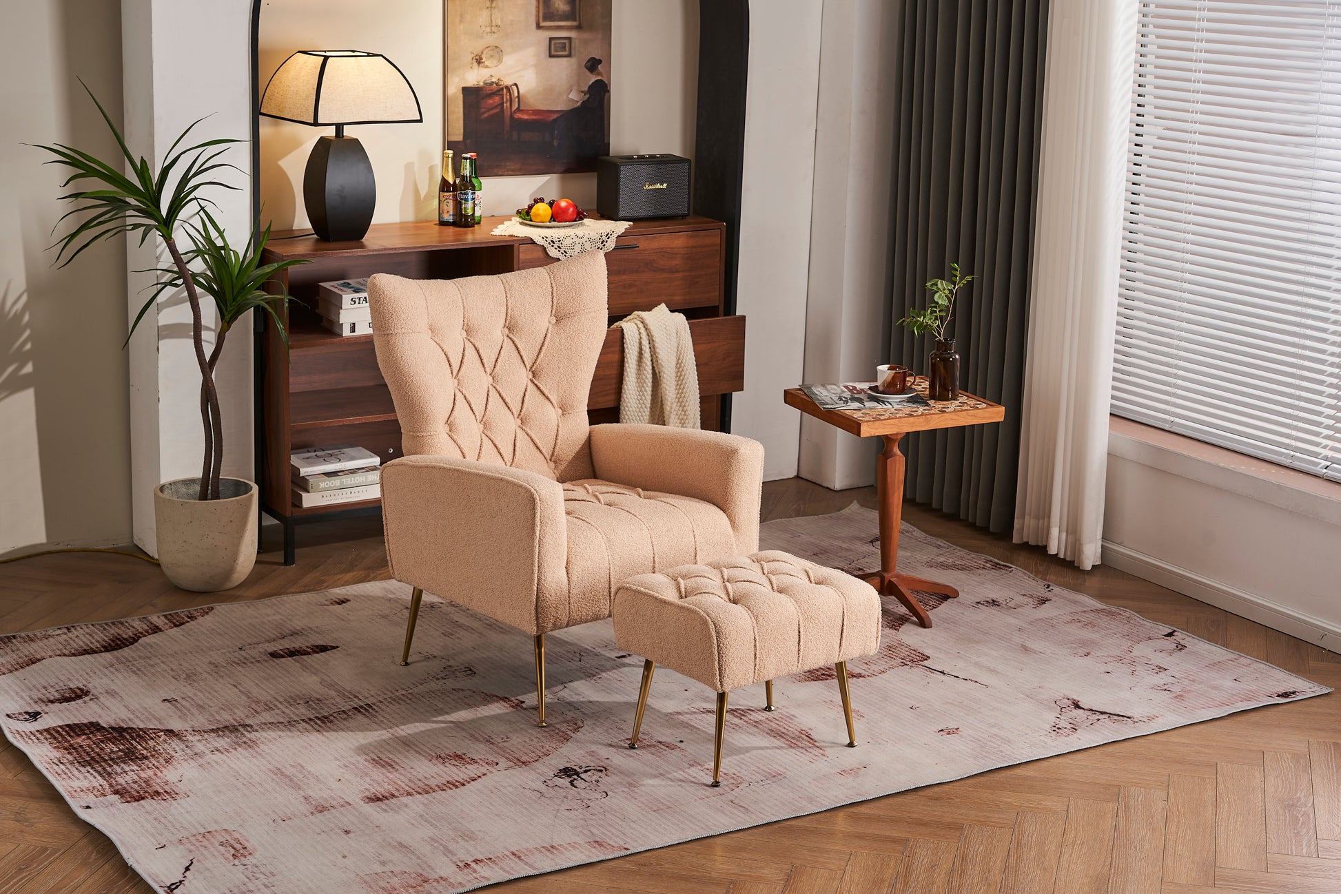 Modern Accent Chair With Ottoman, Comfy Armchair For Living Room, Bedroom, Apartment, Office Nude Cream Primary Living Space Classic Polyester
