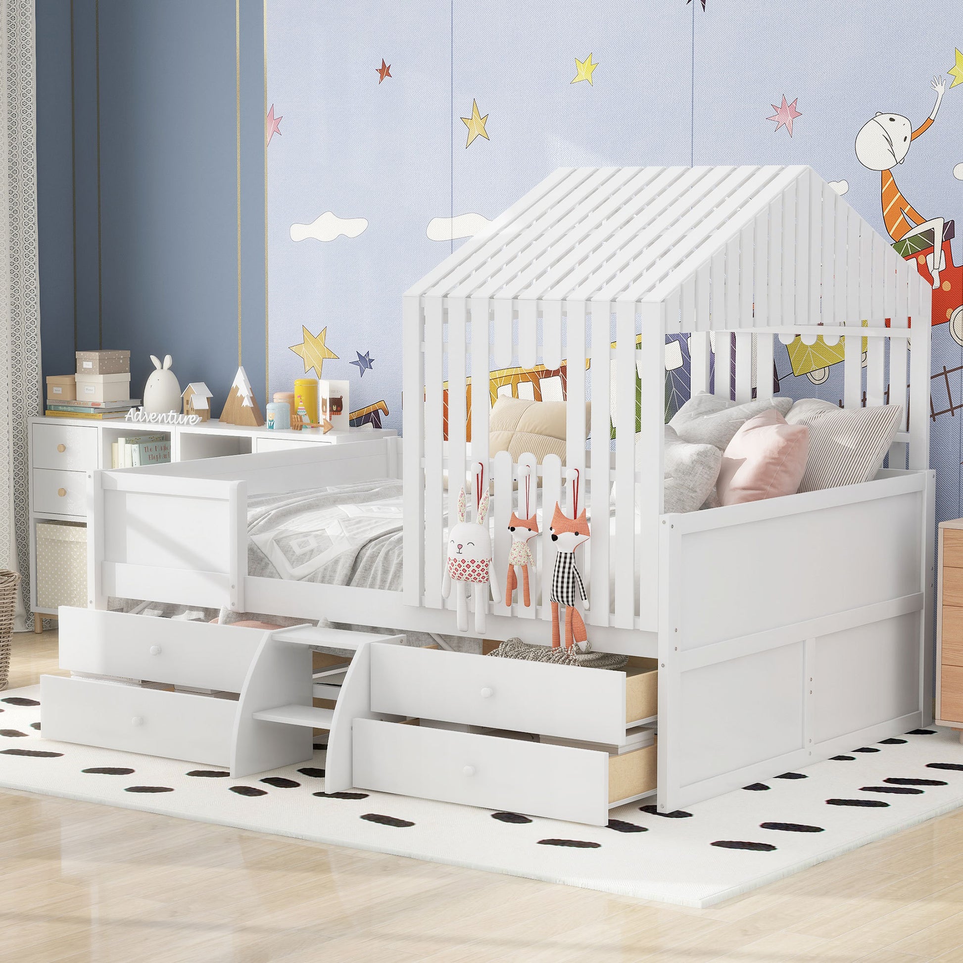 Full Size House Low Loft Bed With Four Drawers,White Box Spring Not Required White Wood Pine