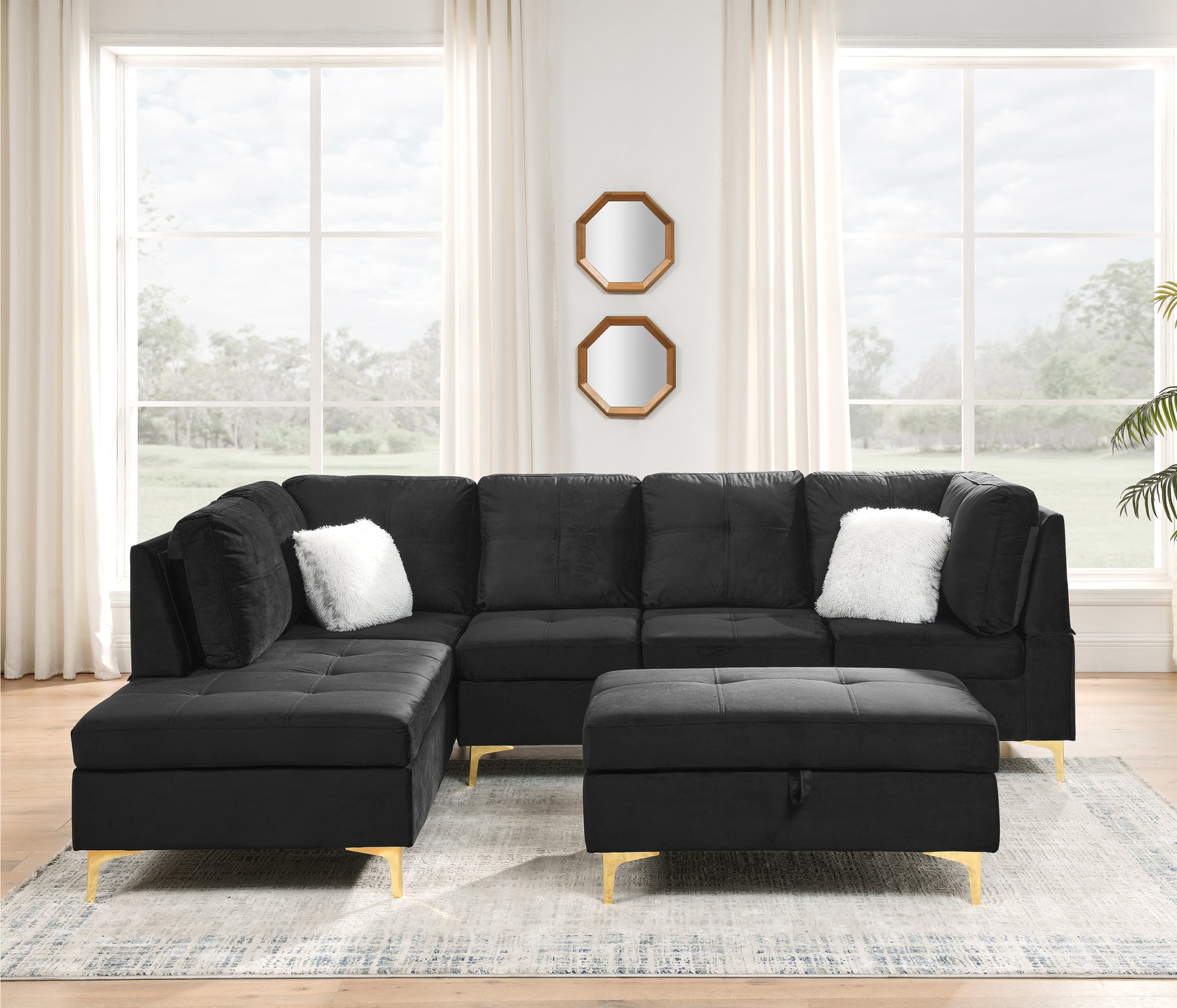 103" Velvet Sectional Sofa, L Shape Corner Couch With Storage Ottoman For Living Room, Black Fabric, Pocket Coil Spring In Seats, Chaise Face Left Black Velvet Wood Primary Living Space Medium Soft Pillow Back Classic L Shaped Pillow Top Arms Foam Velvet