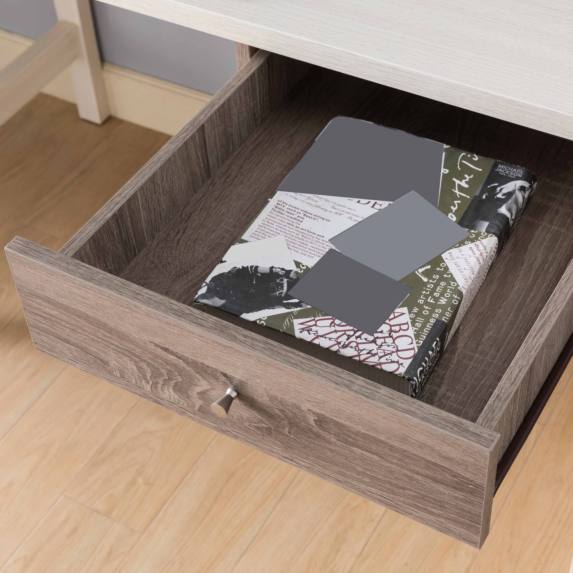 Office Writing Desk With Drawer, Small Bookshelf And Usb Power Outlet In Ivory & Dark Taupe Taupe Particle Board