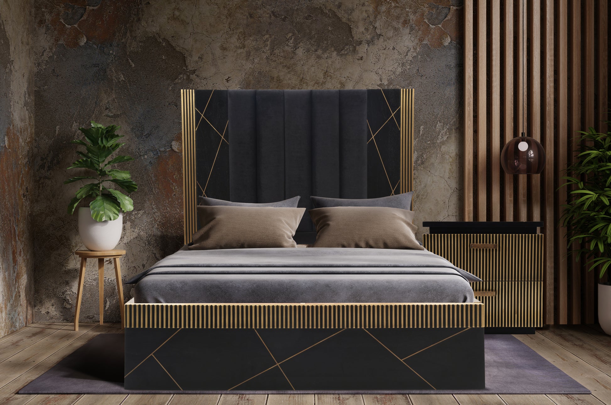 Allure Modern Style Queen Bed Made With Mango Wood And Finished With Brass Metal Box Spring Not Required Queen Black Wood Bedroom Contemporary,Modern Wood