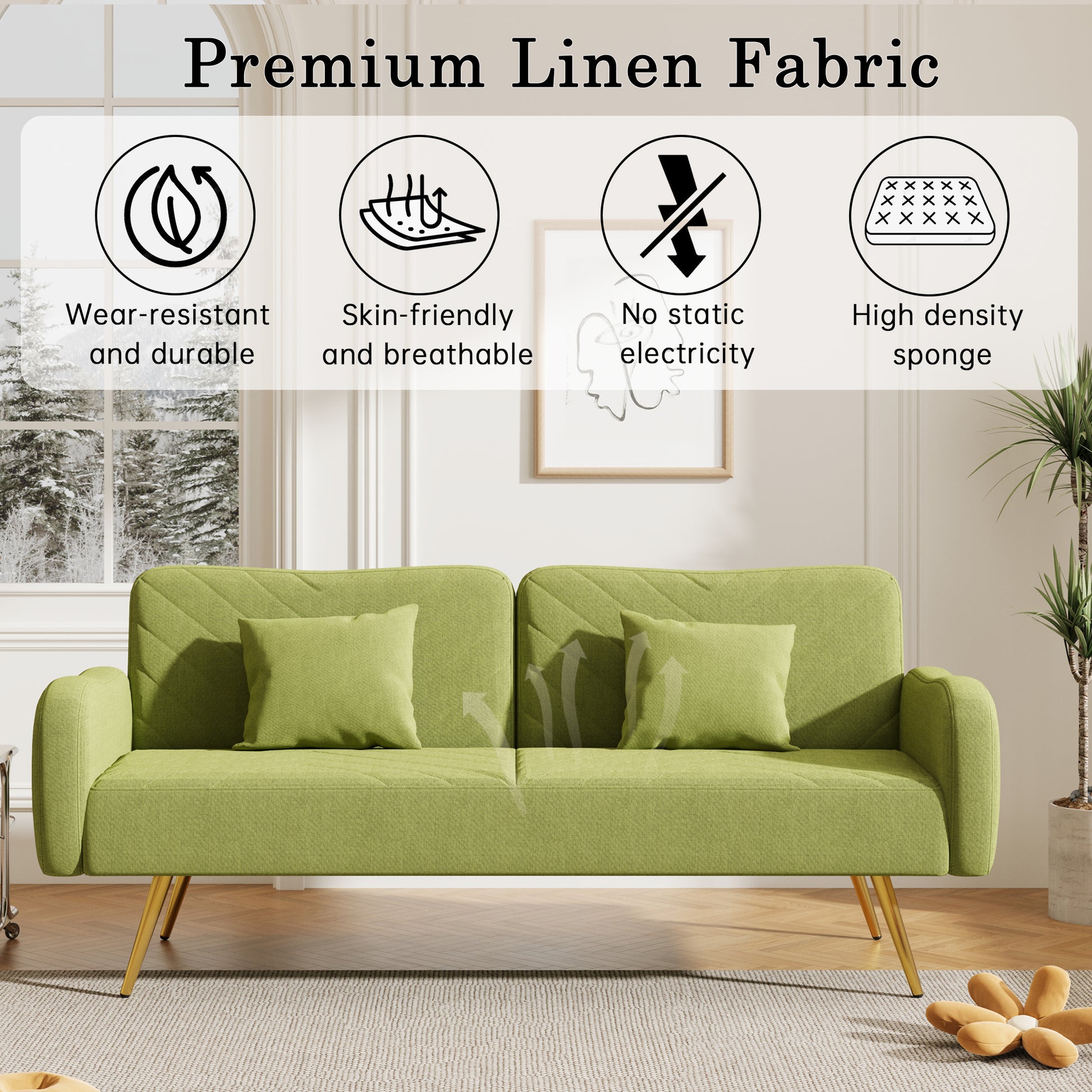 70.47" Green Fabric Double Sofa With Split Backrest And Two Throw Pillows,Suitable For Living Room, Apartment, Home Office Green Wood Primary Living Space Eucalyptus Square Arms Foam Fabric 2 Seat