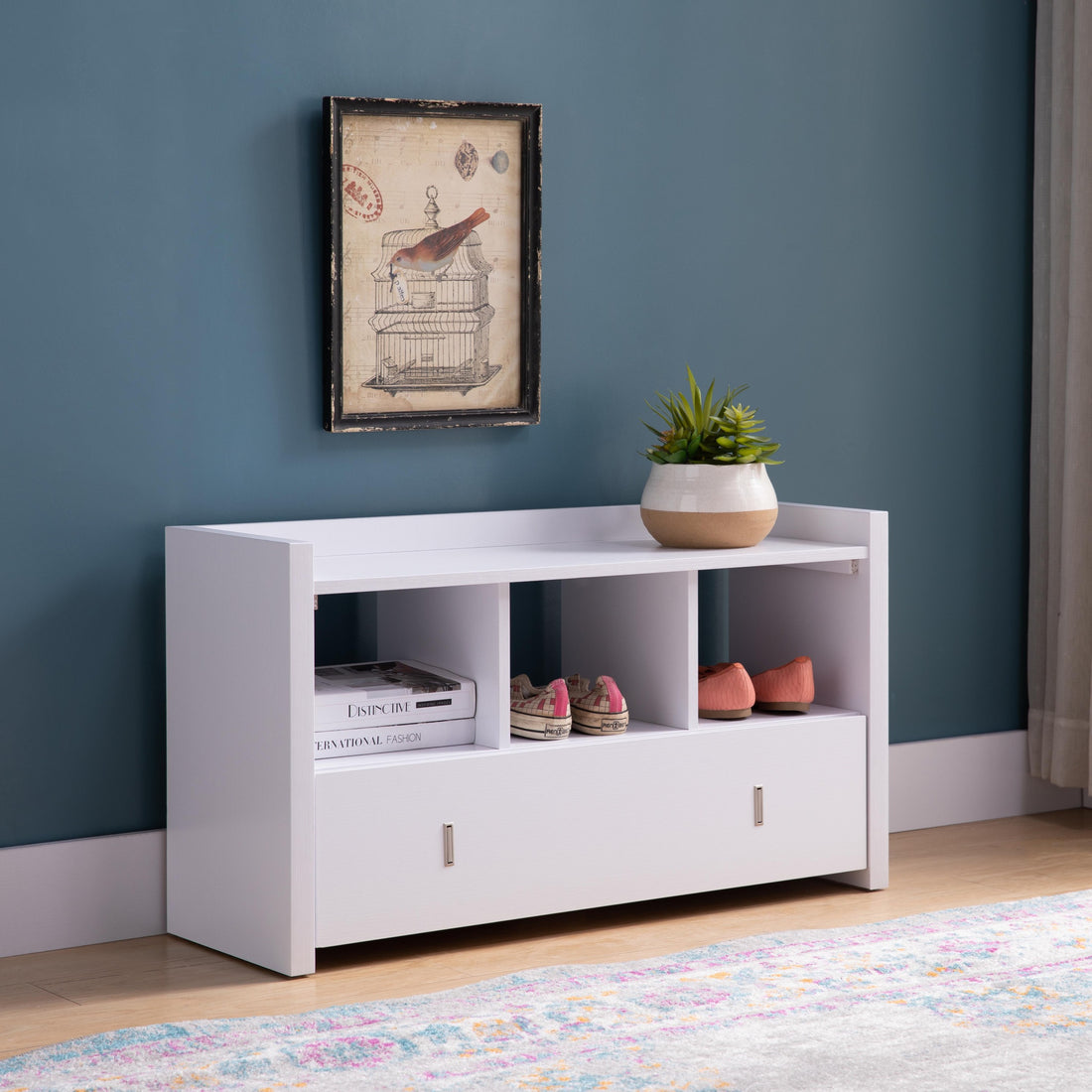 White Entryway Shoe Bench, Three Shelves Organizer With Storage Drawer White Particle Board