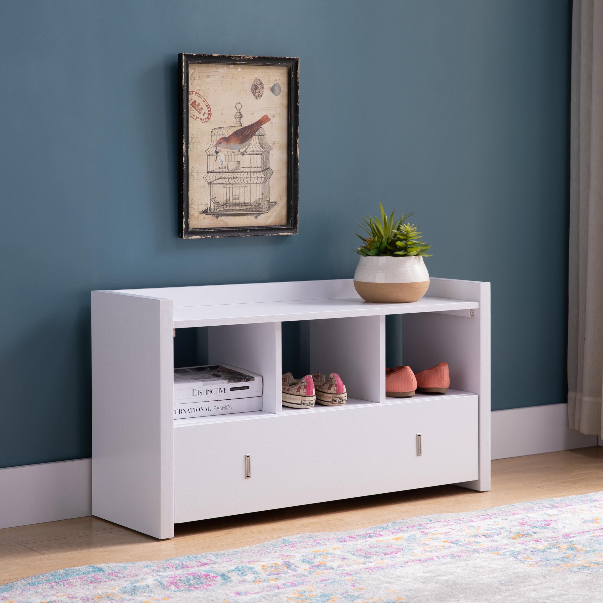 White Entryway Shoe Bench, Three Shelves Organizer With Storage Drawer White Particle Board