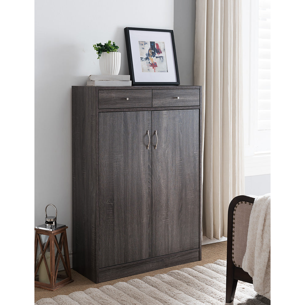 Shoe Cabinet, Two Door Storage Cabinet With Two Drawers, Fits 15 Pair Of Shoes Distressed Grey Grey Particle Board