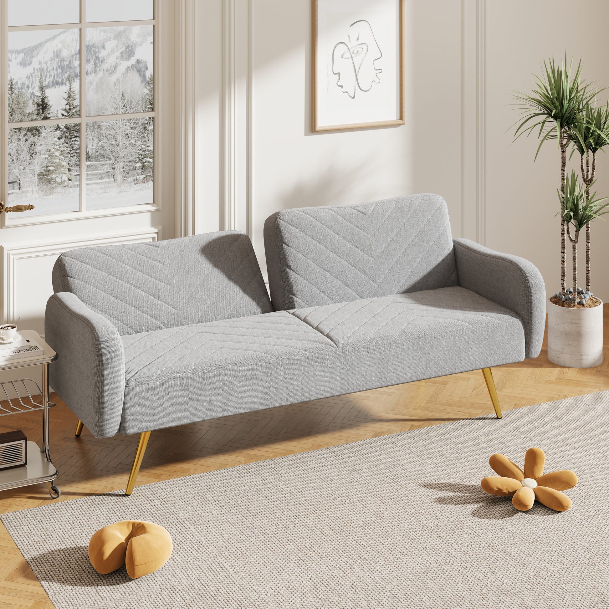 70.47" Gray Fabric Double Sofa With Split Backrest And Two Throw Pillows,Suitable For Living Room, Apartment, Home Office Grey Wood Primary Living Space Eucalyptus Square Arms Foam Fabric 2 Seat