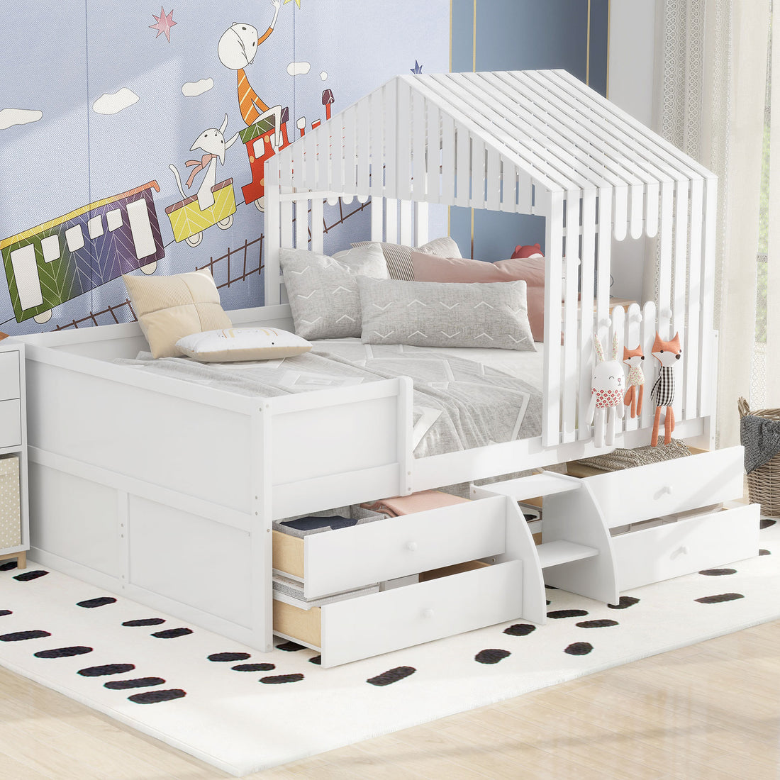 Full Size House Low Loft Bed With Four Drawers,White Box Spring Not Required White Wood Pine