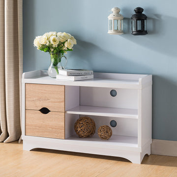 Shoe Entryway Bench, Compact Storage Bench, Two Shelves And Two Drawers White & Weathered White White Particle Board