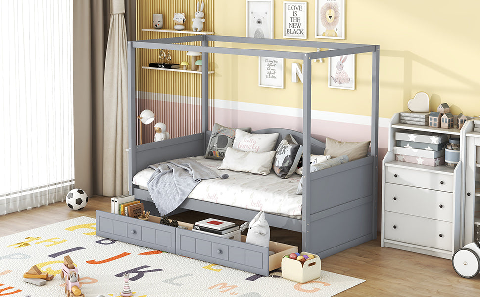 Twin Size Canopy Day Bed With 2 Drawers, Gray Gray Solid Wood Mdf