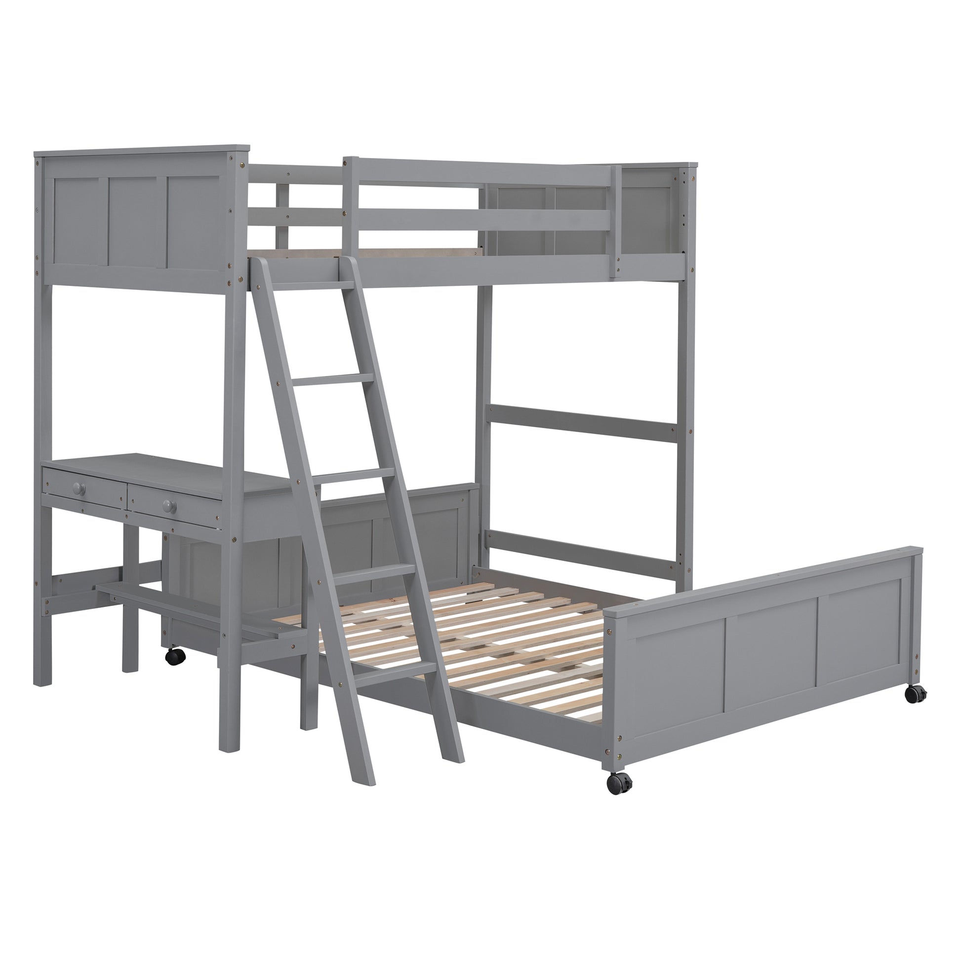 Twin Over Full Bunk Bed With Desk, Gray Gray Solid Wood Mdf