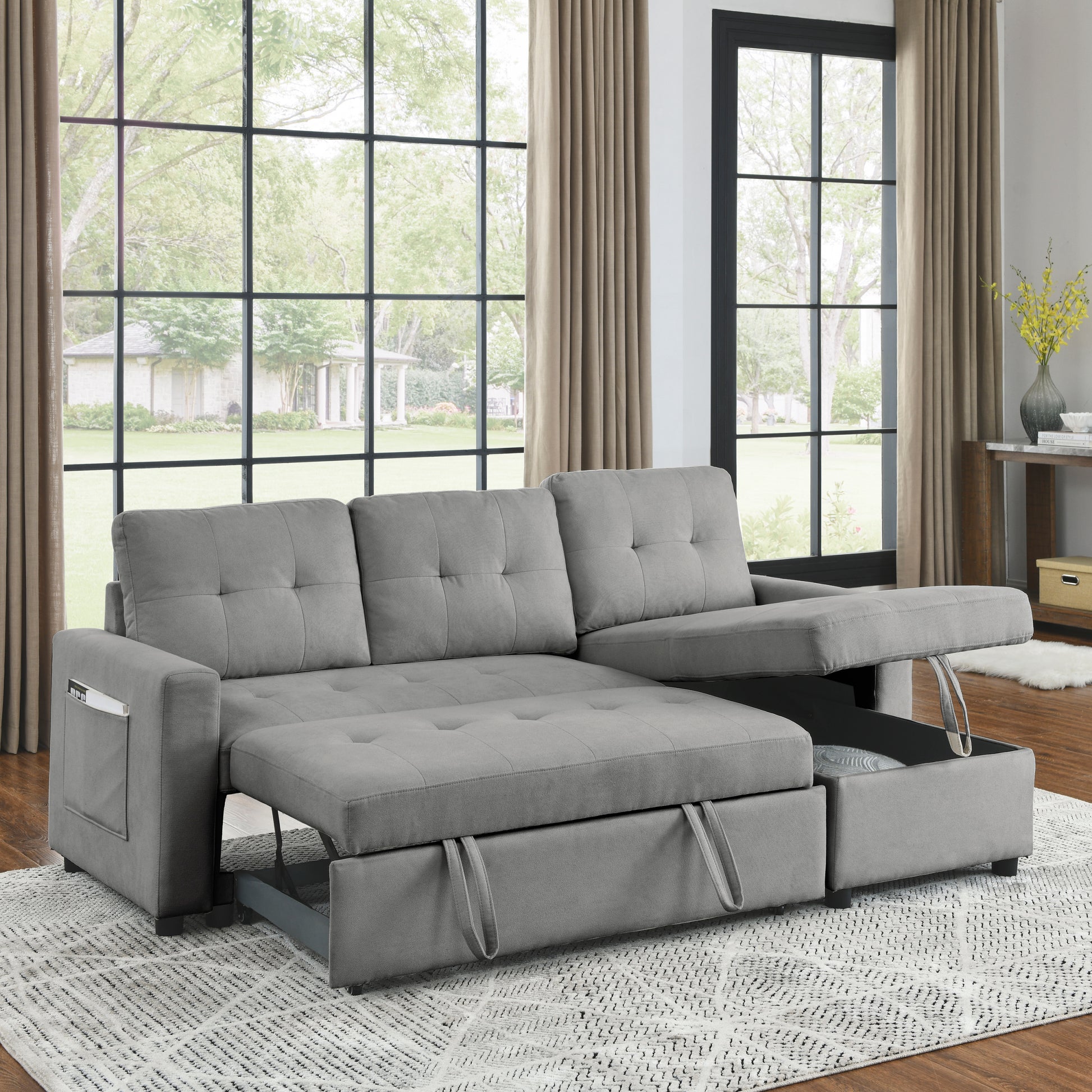 Mh 78.5" Sleeper Sofa Bed Reversible Sectional Couch With Storage Chaise And Side Storage Bag For Small Space Living Room Furniture Set Grey Primary Living Space Eucalyptus Polyester Fabric