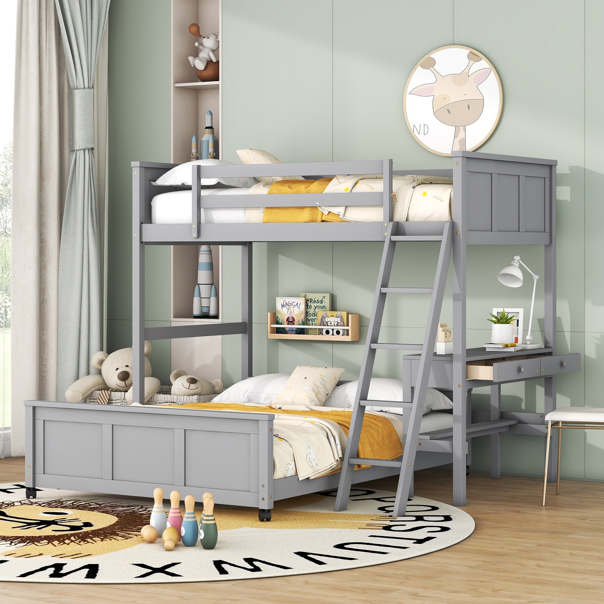 Twin Over Full Bunk Bed With Desk, Gray Gray Solid Wood Mdf