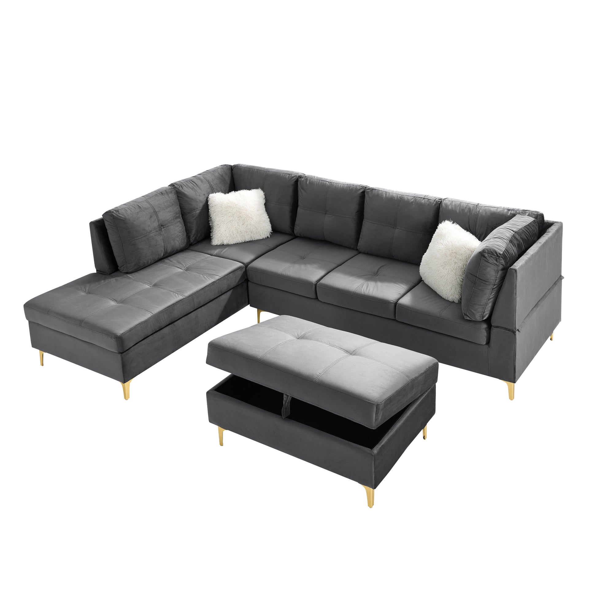 103" Velvet Sectional Sofa, L Shape Corner Couch With Storage Ottoman For Living Room, Gray Fabric, Pocket Coil Spring In Seats, Chaise Face Left Gray Velvet Wood Primary Living Space Medium Soft Pillow Back Classic L Shaped Pillow Top Arms Foam Velvet 6