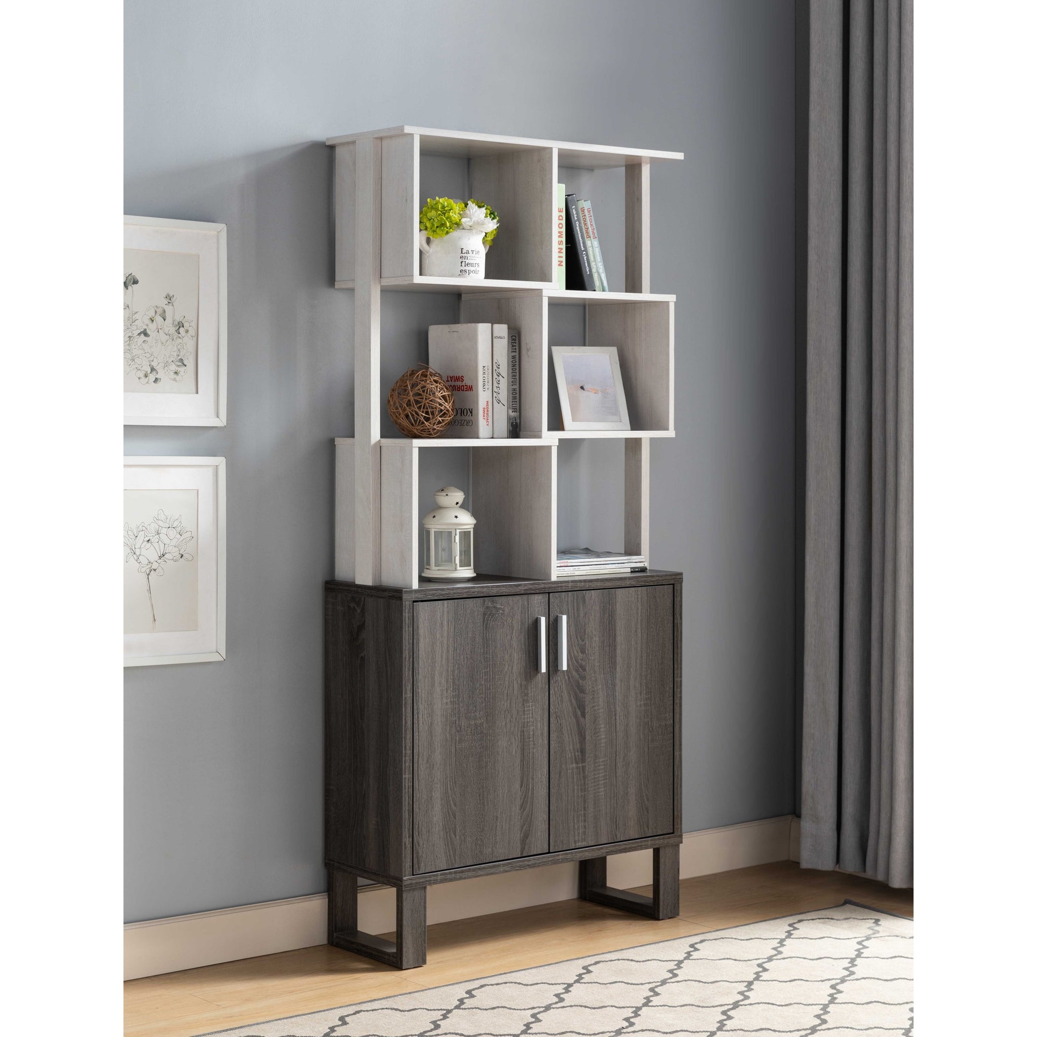 Multi Level Display Cabinet, Two Door Storage Cabinet With Shelving White Oak & Distressed Grey White Oak Particle Board