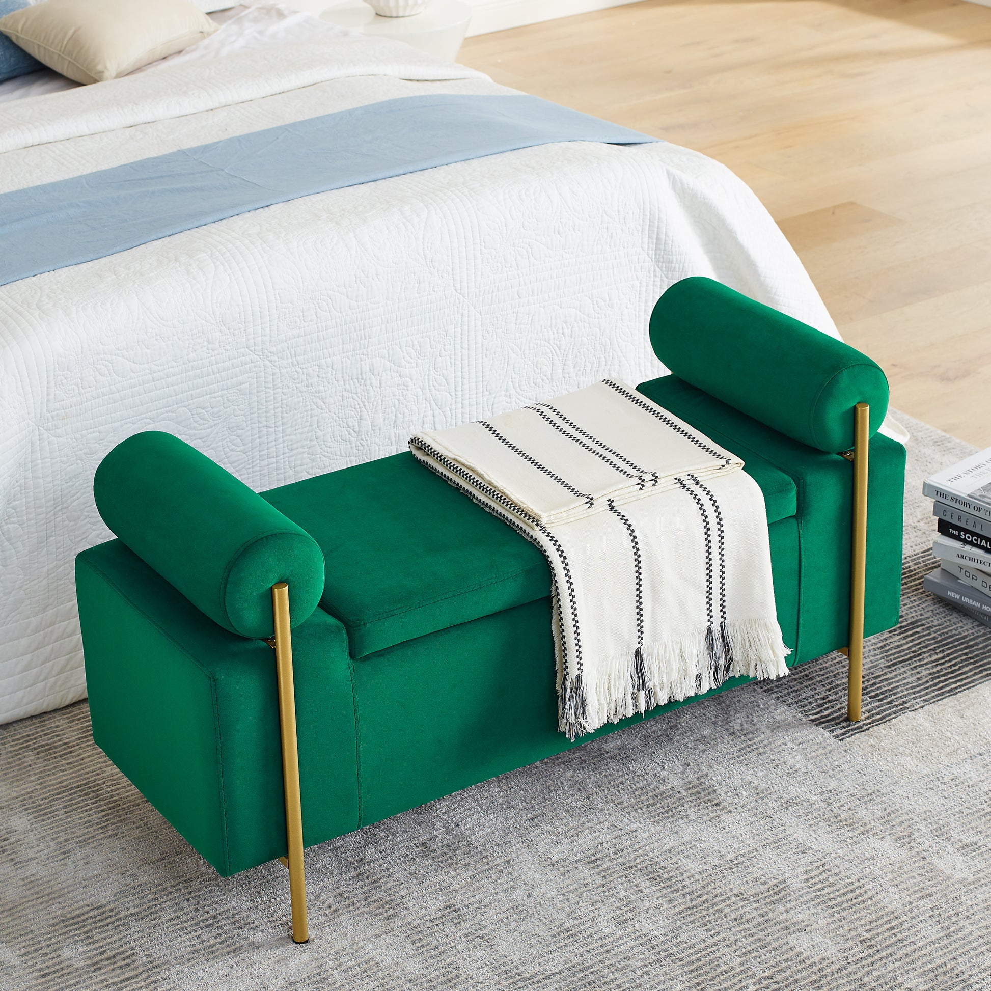 Elegant Upholstered Velvet Storage Bench With Cylindrical Arms And Iron Legs For Hallway Living Room Bedroom, Green Green Foam