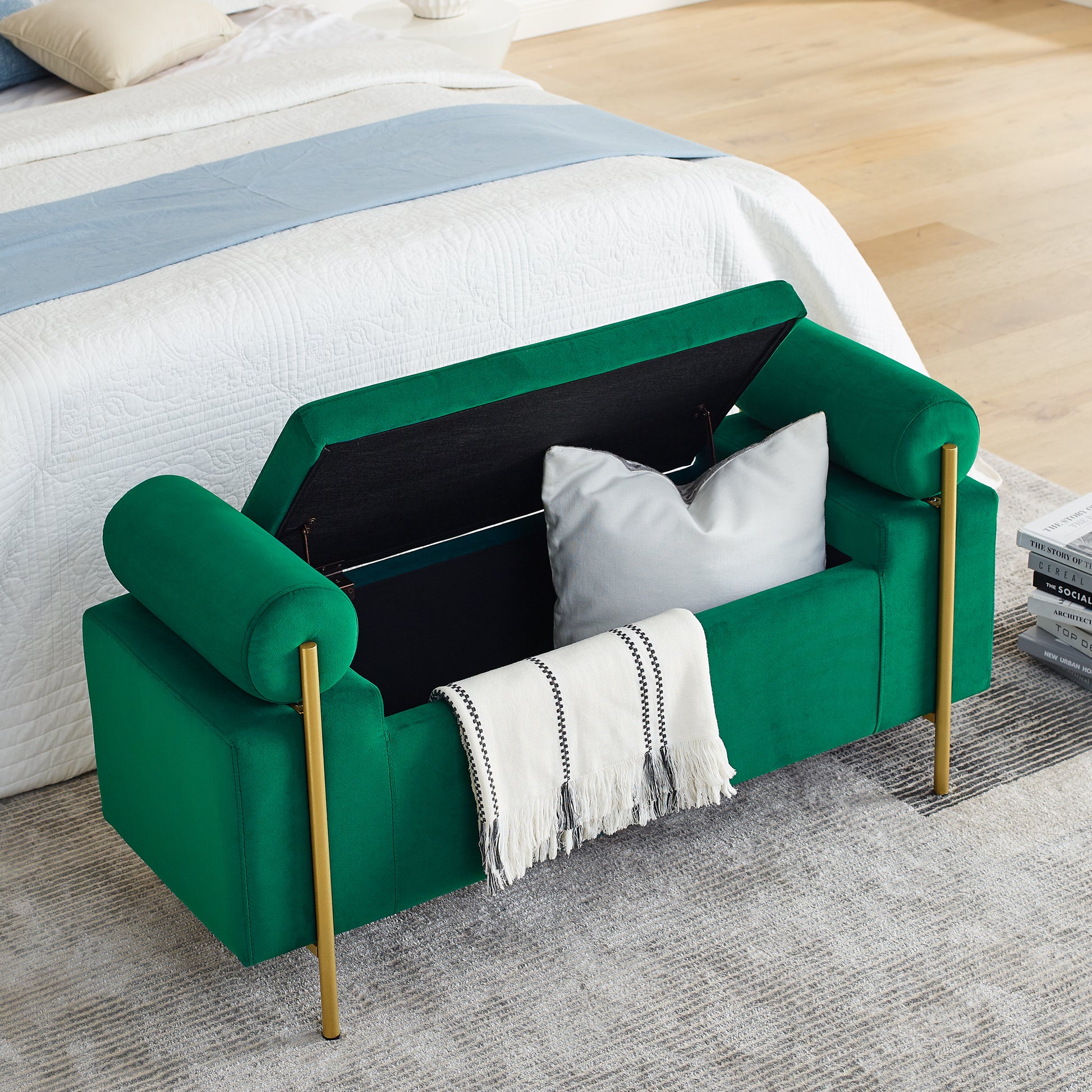 Elegant Upholstered Velvet Storage Bench With Cylindrical Arms And Iron Legs For Hallway Living Room Bedroom, Green Green Foam