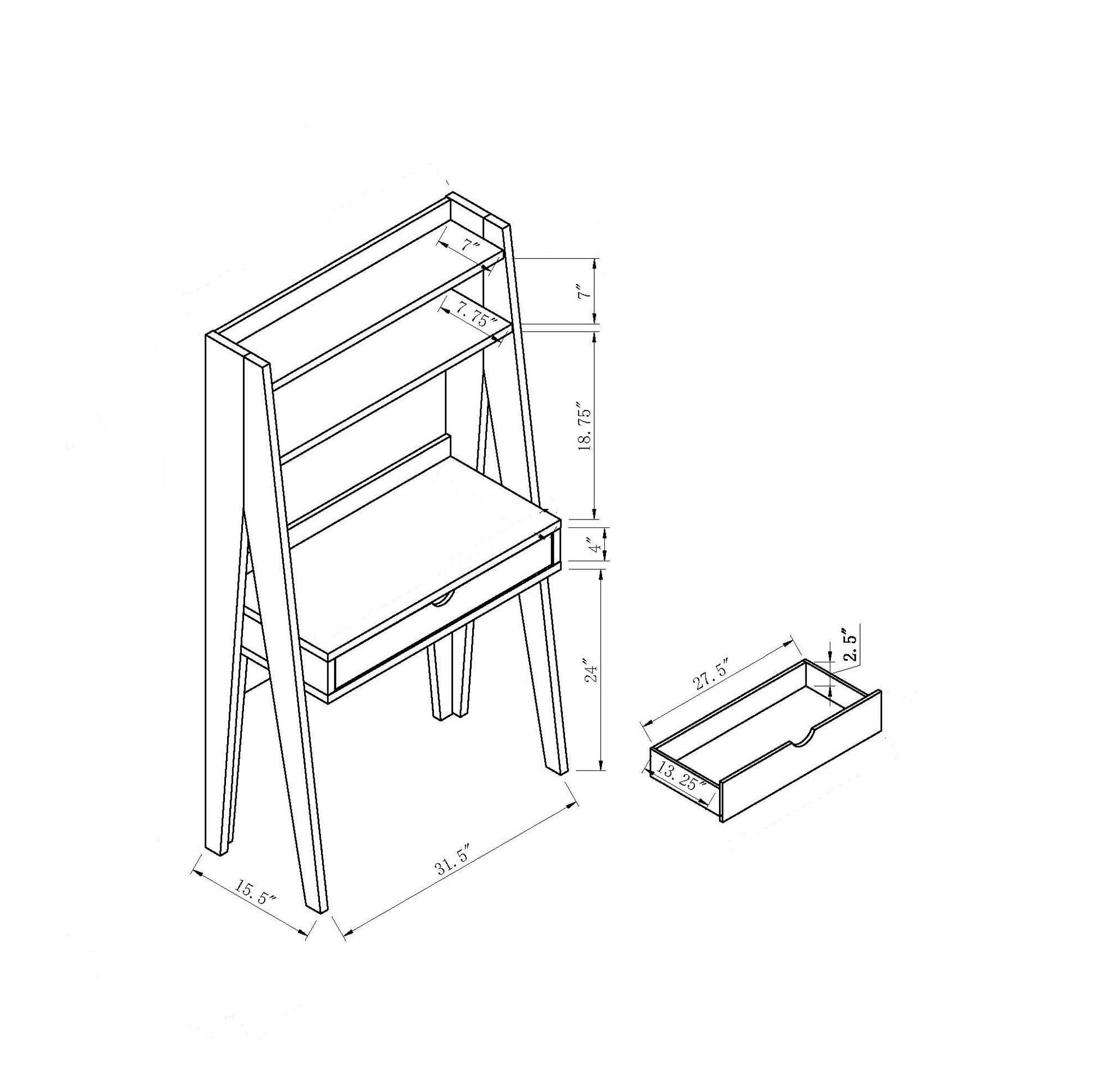 Ladder Desk Two Tone, Home Office Study Desk With Drawer And Two Shelves In White & Weathered White White Particle Board