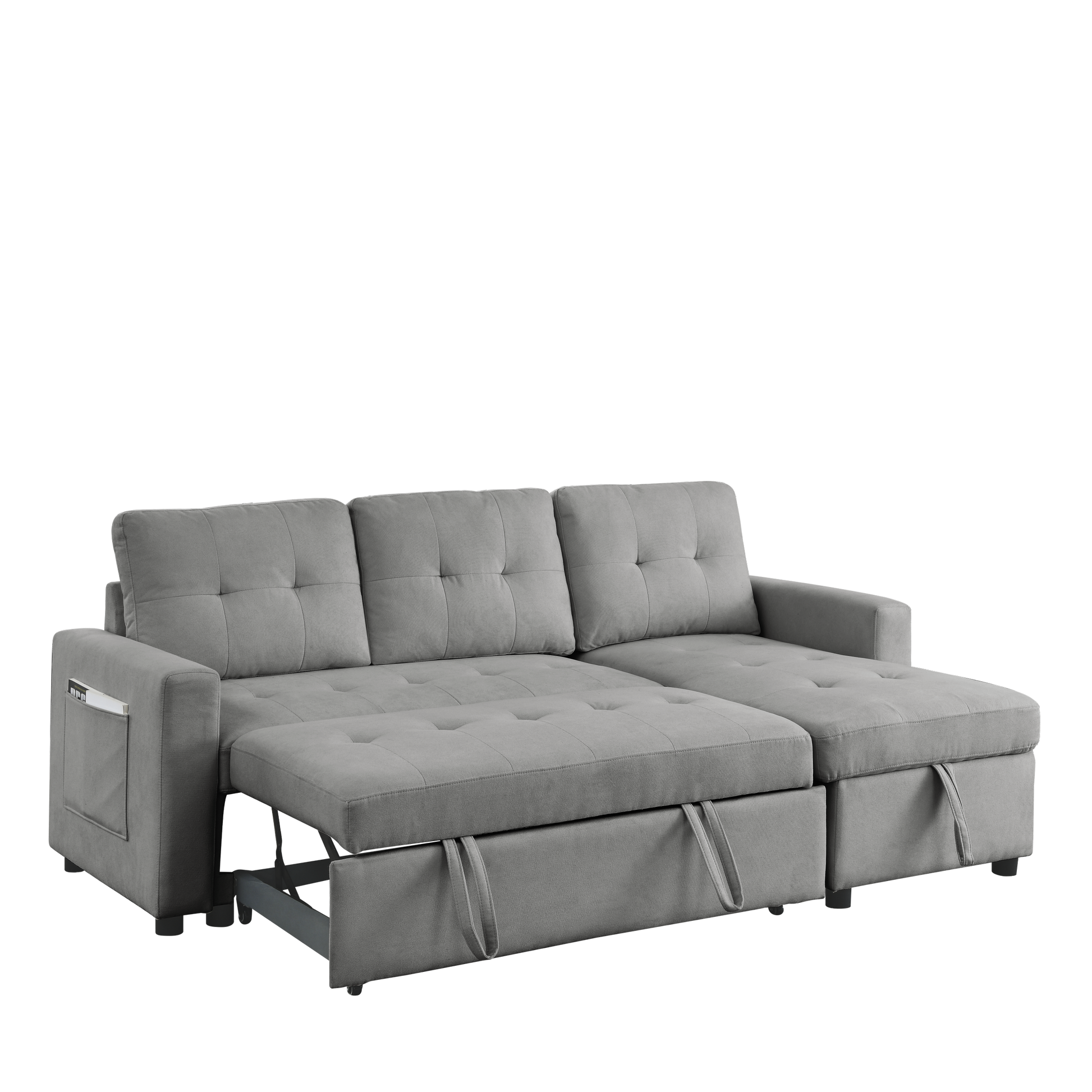 Mh 78.5" Sleeper Sofa Bed Reversible Sectional Couch With Storage Chaise And Side Storage Bag For Small Space Living Room Furniture Set Grey Primary Living Space Eucalyptus Polyester Fabric