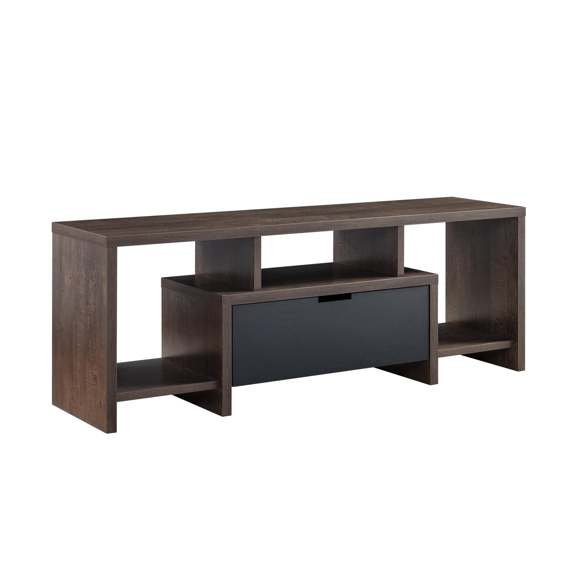 Two Toned 60 Inch Modern Tv Stand With Three Shelves, Large Drawer Walnut Oak & Black Walnut 50 59 Inches Particle Board
