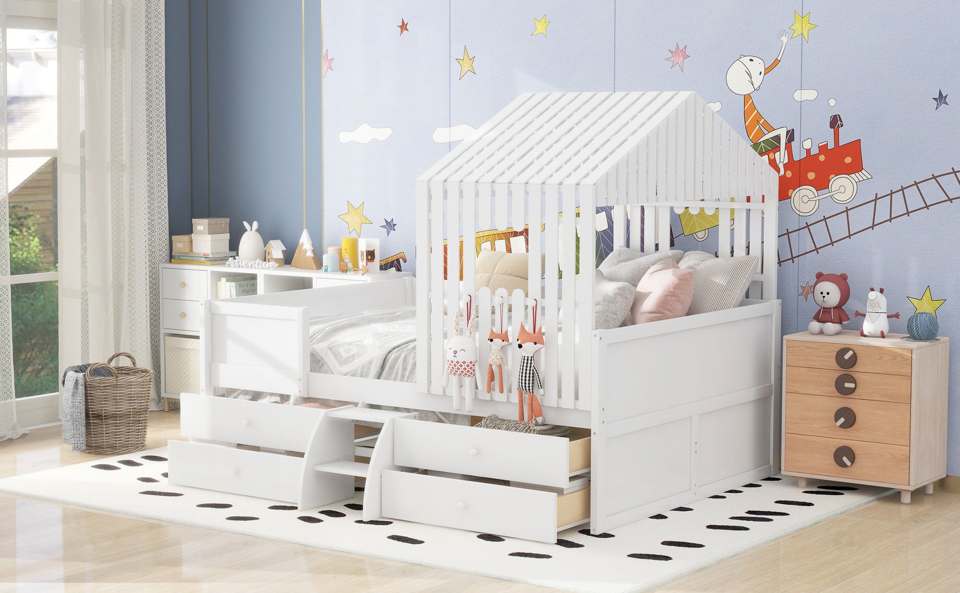 Full Size House Low Loft Bed With Four Drawers,White Box Spring Not Required White Wood Pine