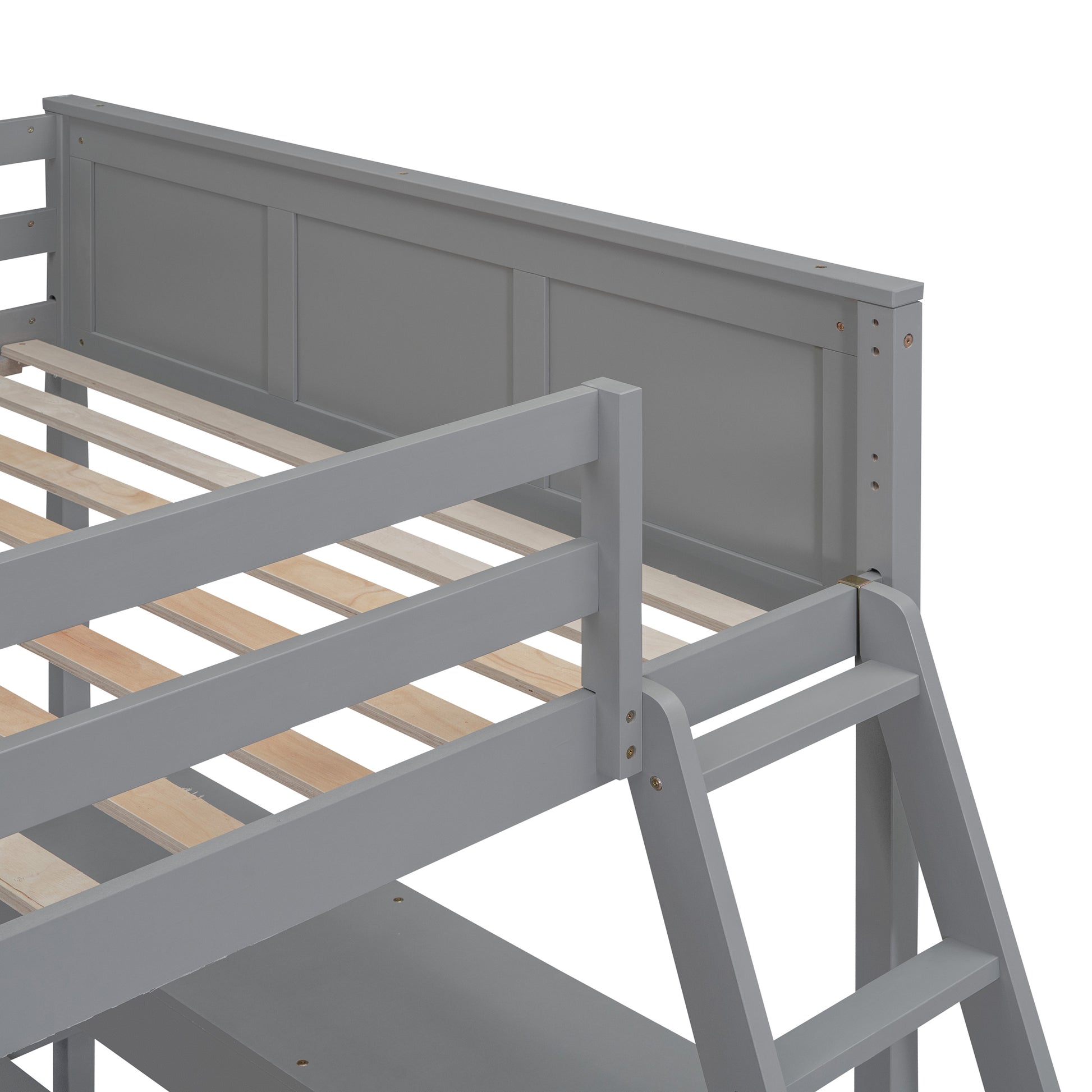 Full Over Full Bunk Bed With Desk, Gray Gray Solid Wood Mdf