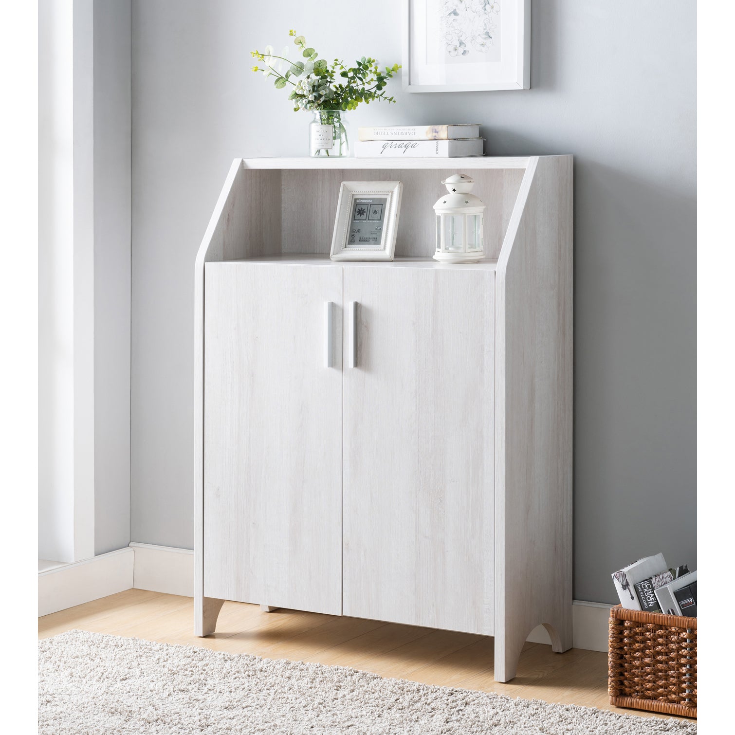 Wooden Two Door Shoe Cabinet With Four Interior Shelves Fits 10 Pairs Of Shoes In White Oak White Oak Particle Board