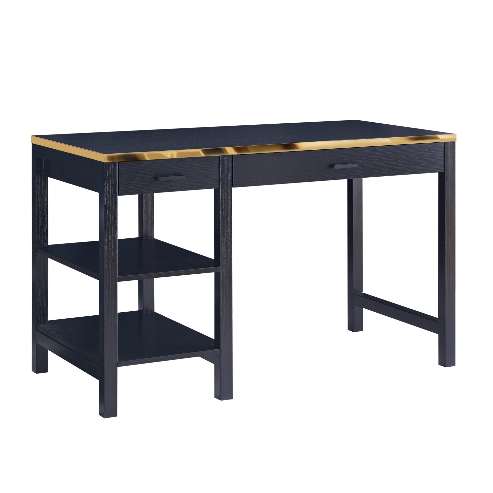 Elegant Black & Gold Office Desk With Two Drawer, Two Bottom Storage Shelves Black Particle Board