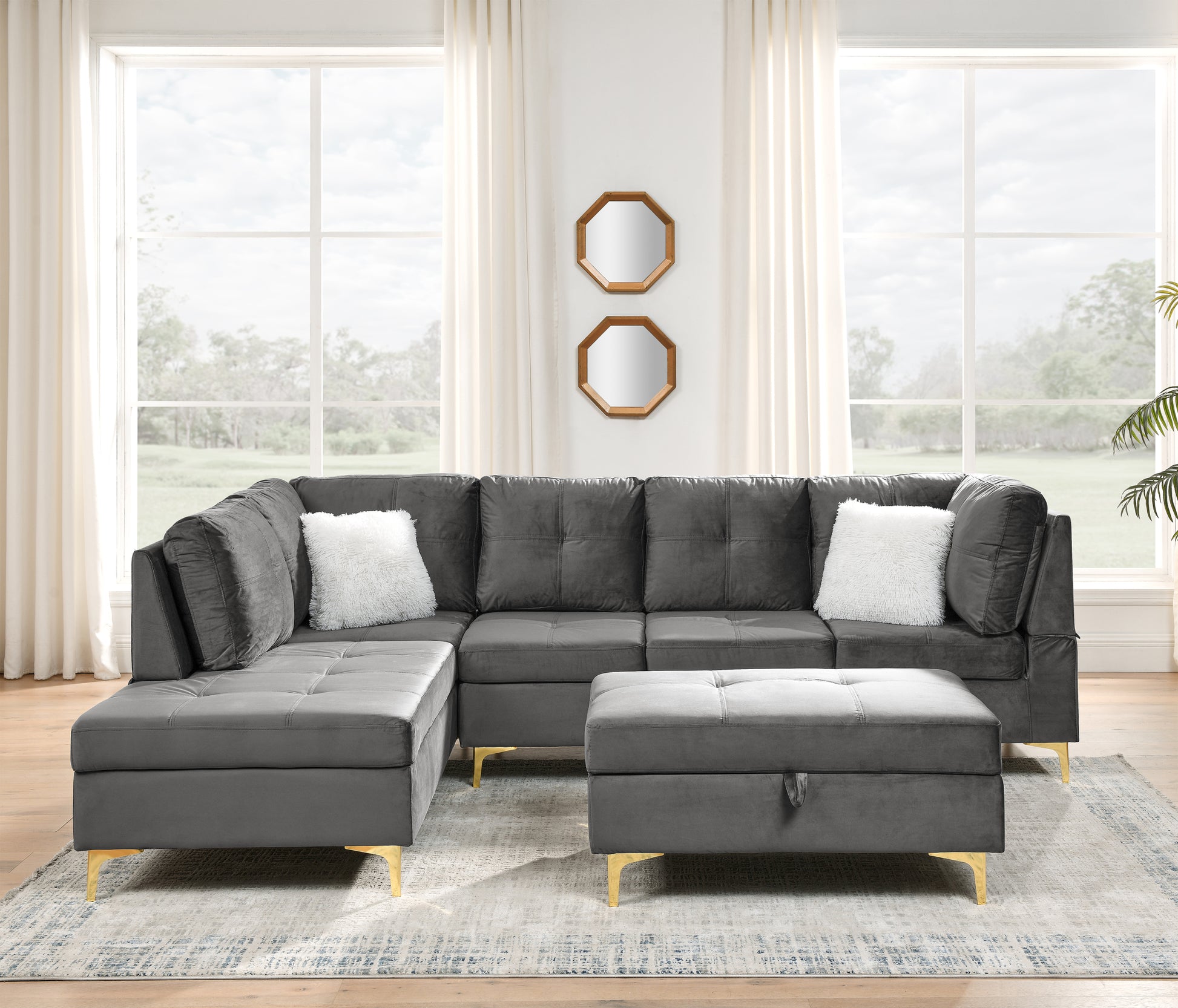 103" Velvet Sectional Sofa, L Shape Corner Couch With Storage Ottoman For Living Room, Gray Fabric, Pocket Coil Spring In Seats, Chaise Face Left Gray Velvet Wood Primary Living Space Medium Soft Pillow Back Classic L Shaped Pillow Top Arms Foam Velvet 6