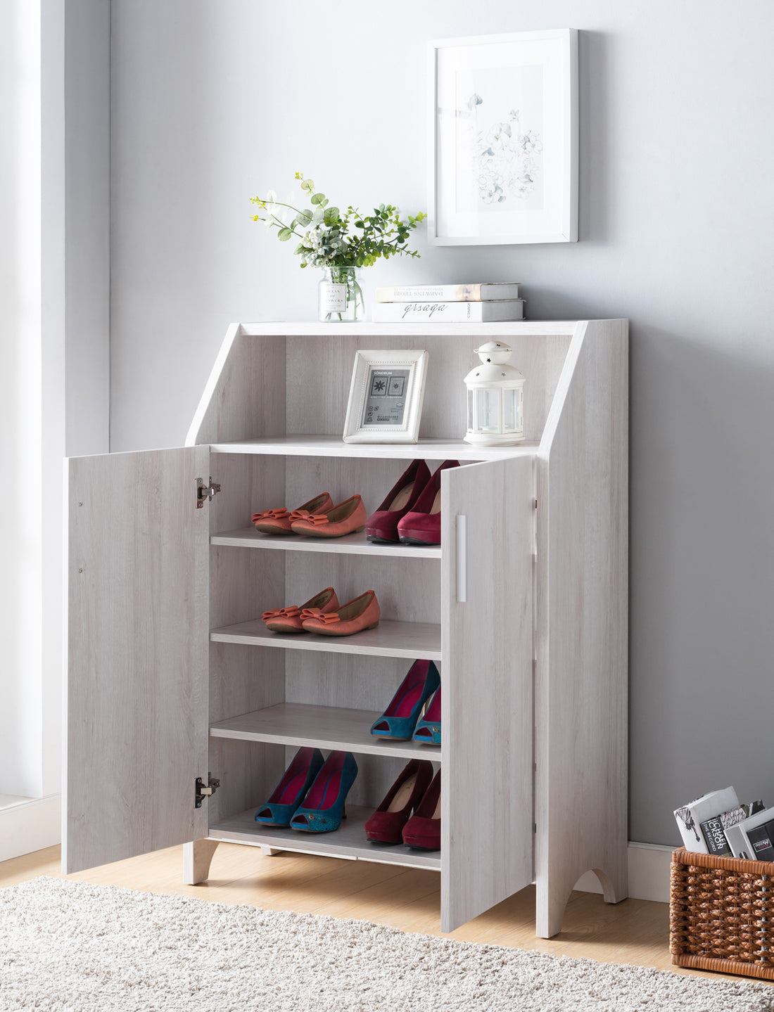 Wooden Two Door Shoe Cabinet With Four Interior Shelves Fits 10 Pairs Of Shoes In White Oak White Oak Particle Board