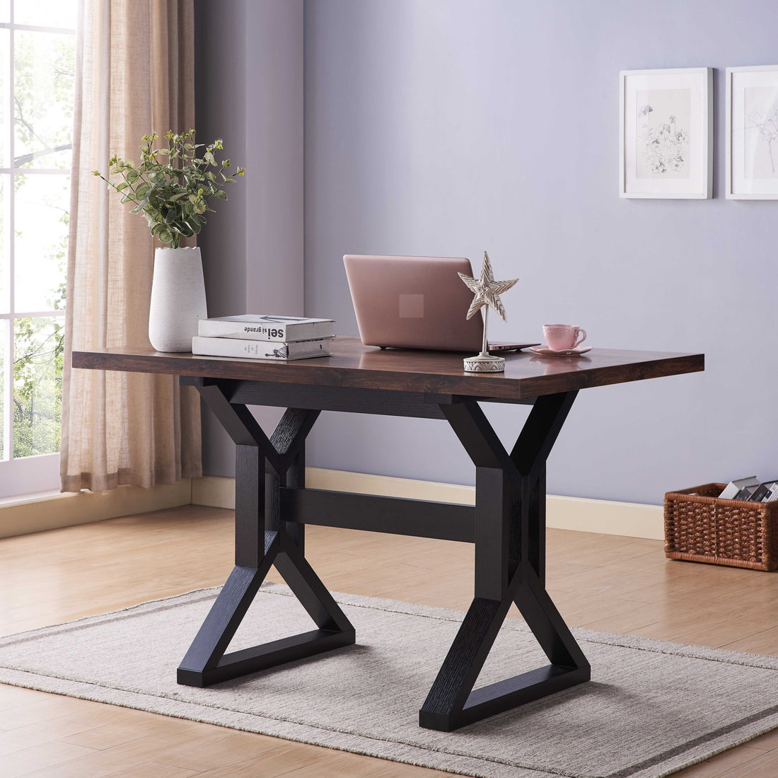 Mid Century, Modern Dining Table With Metal Frame In Distressed Wood & Black Rustic Brown Particle Board