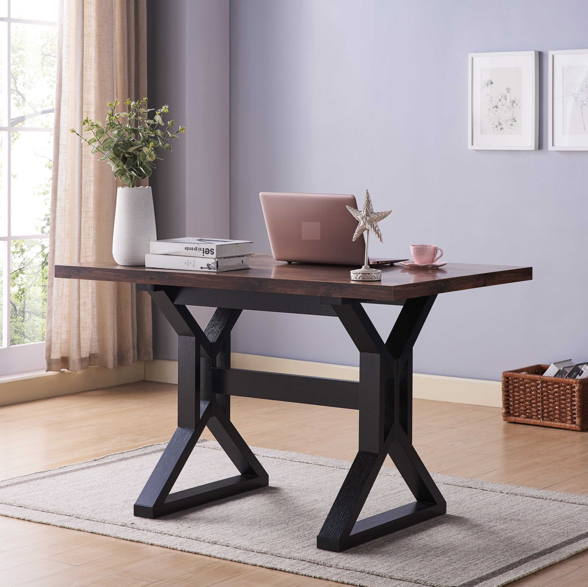 Mid Century, Modern Dining Table With Metal Frame In Distressed Wood & Black Rustic Brown Particle Board