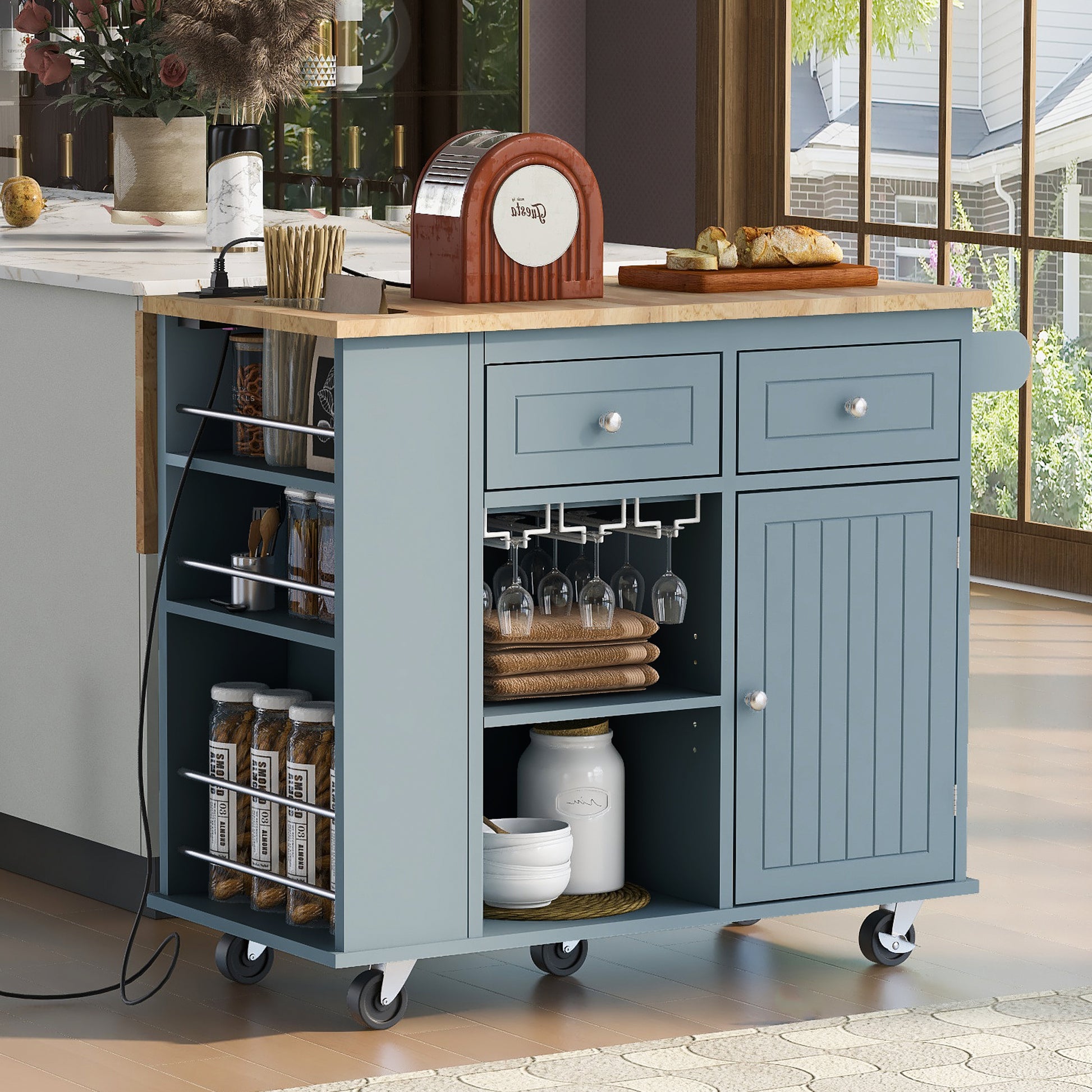 Kitchen Island With Power Outlet,Kitchen Storage Island With Drop Leaf And Rubber Wood,Open Storage And Wine Rack,5 Wheels,With Adjustable Storage For Home, Kitchen, And Dining Room, Grey Blue Blue Mdf