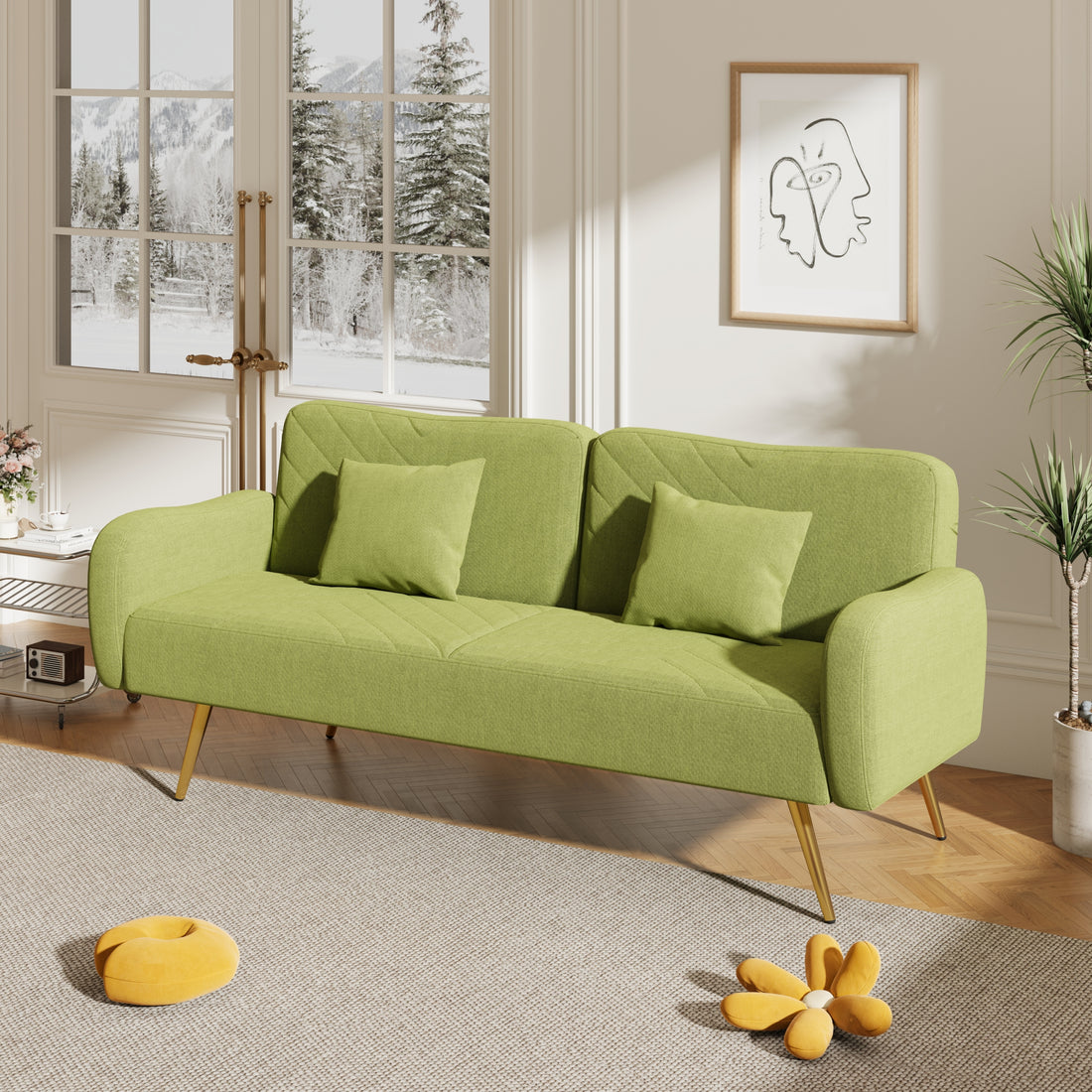 70.47" Green Fabric Double Sofa With Split Backrest And Two Throw Pillows,Suitable For Living Room, Apartment, Home Office Green Wood Primary Living Space Eucalyptus Square Arms Foam Fabric 2 Seat