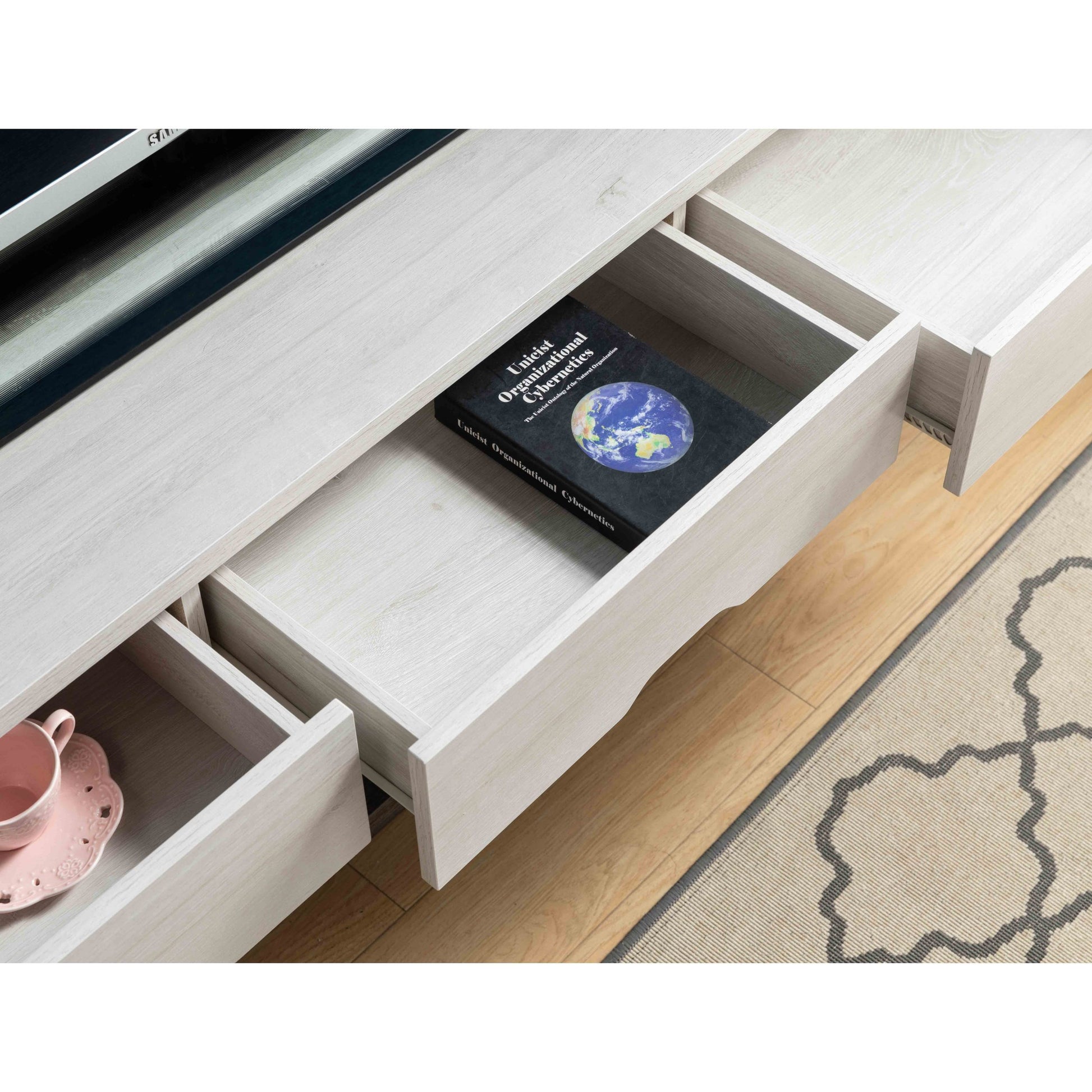62 Inch Tv Console With 3 Drawers, 4 Shelves For Storage In White Oak & Distressed Grey White Oak 60 69 Inches Particle Board
