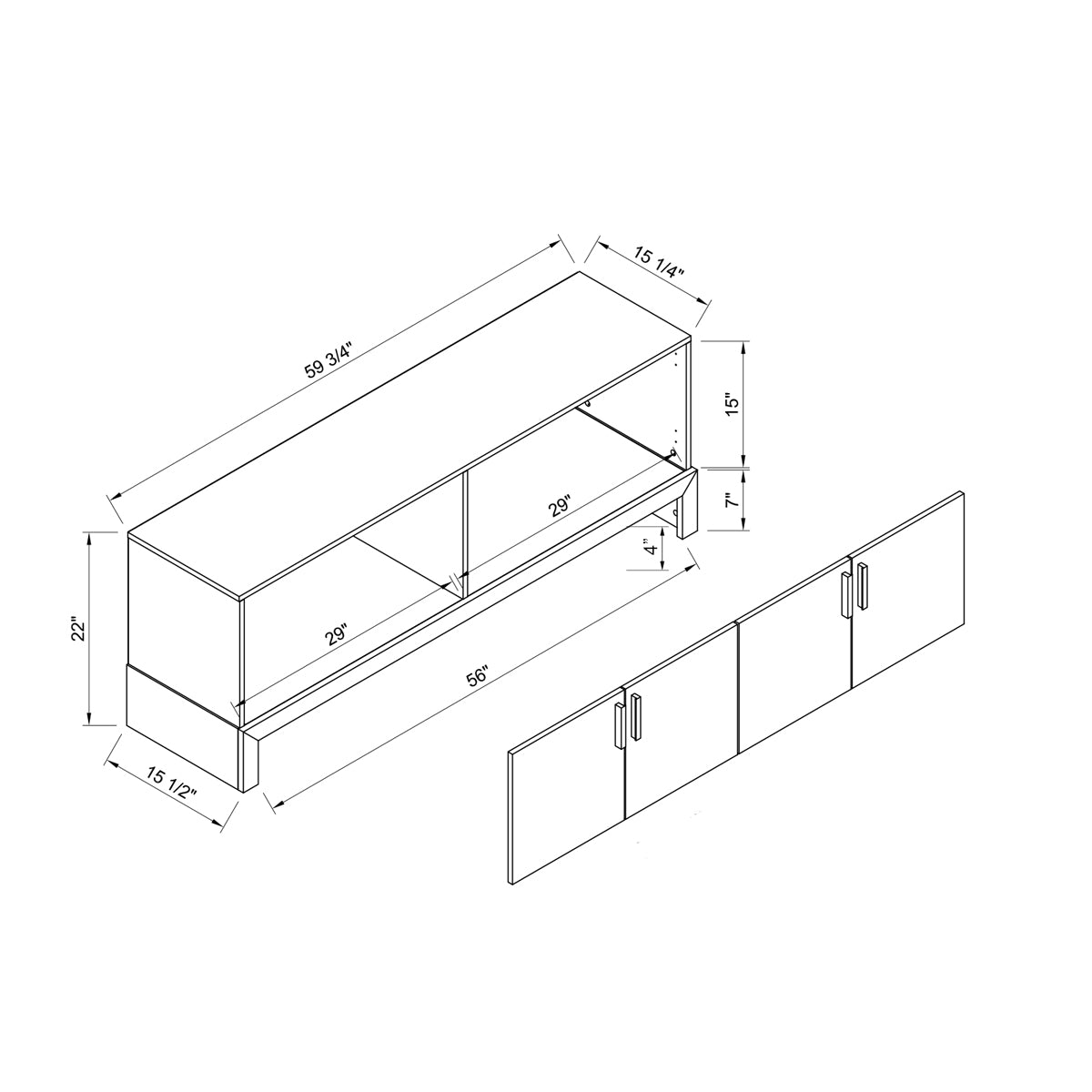 Side Credenza With 4 Doors, Storage Cabinets, 60" Tv Stand White & Distressed Grey White 50 59 Inches Particle Board