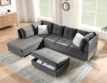 103" Velvet Sectional Sofa, L Shape Corner Couch With Storage Ottoman For Living Room, Gray Fabric, Pocket Coil Spring In Seats, Chaise Face Left Gray Velvet Wood Primary Living Space Medium Soft Pillow Back Classic L Shaped Pillow Top Arms Foam Velvet 6