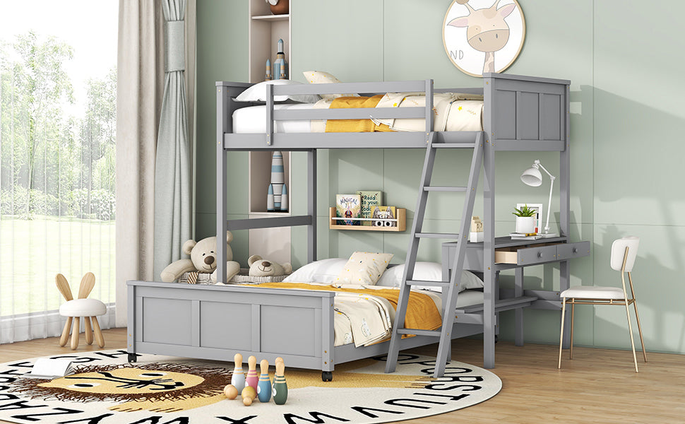 Twin Over Full Bunk Bed With Desk, Gray Gray Solid Wood Mdf