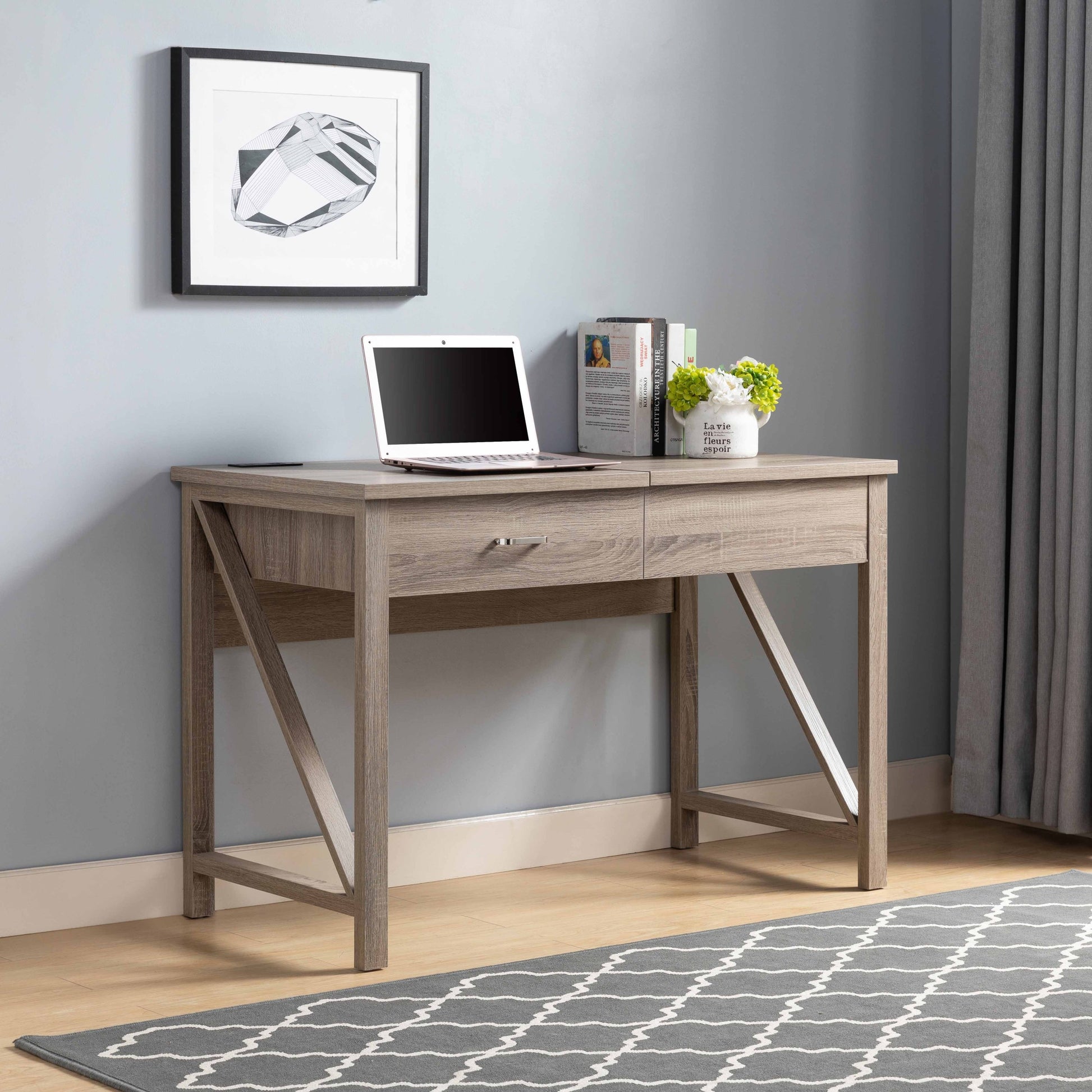 Home Office Desk, Lift Top Desk With Drawer, Usb Power Outlet Taupe Particle Board