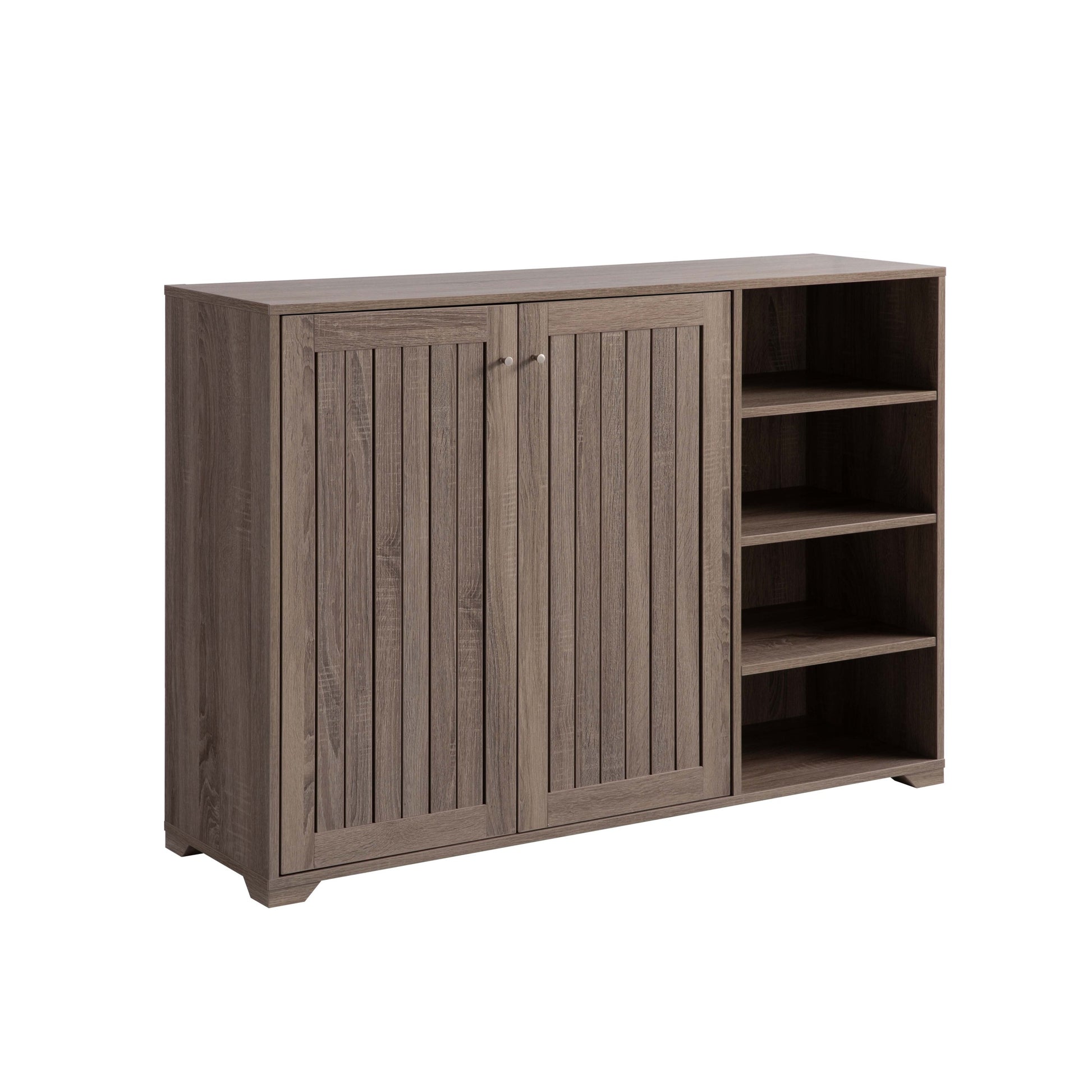 Entryway 4 Tier Organizing Storage Cabinet, Double Door Wooden Shoe Cabinet, Dark Taupe Taupe Particle Board