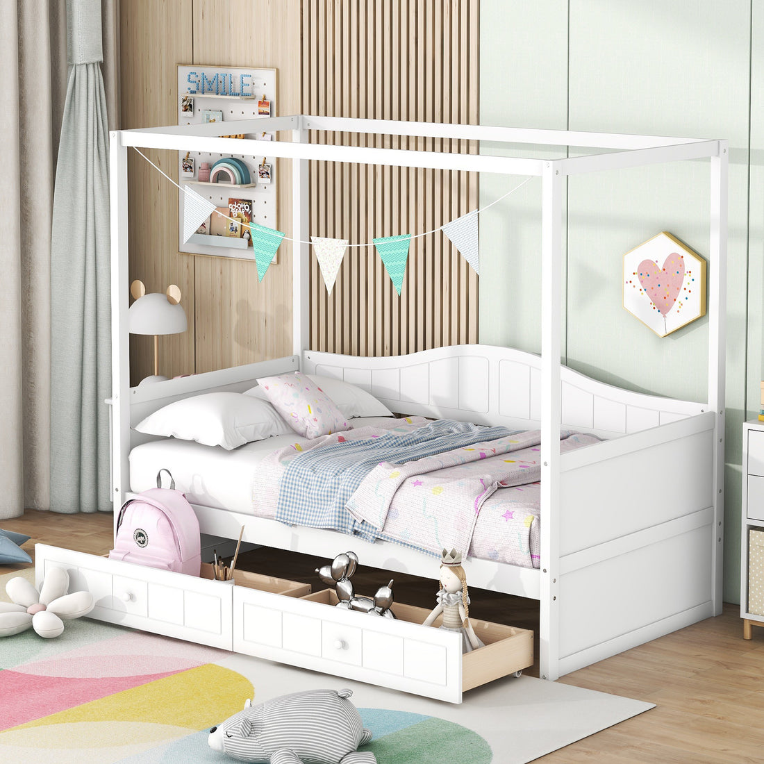 Twin Size Canopy Day Bed With 2 Drawers, White White Solid Wood Mdf