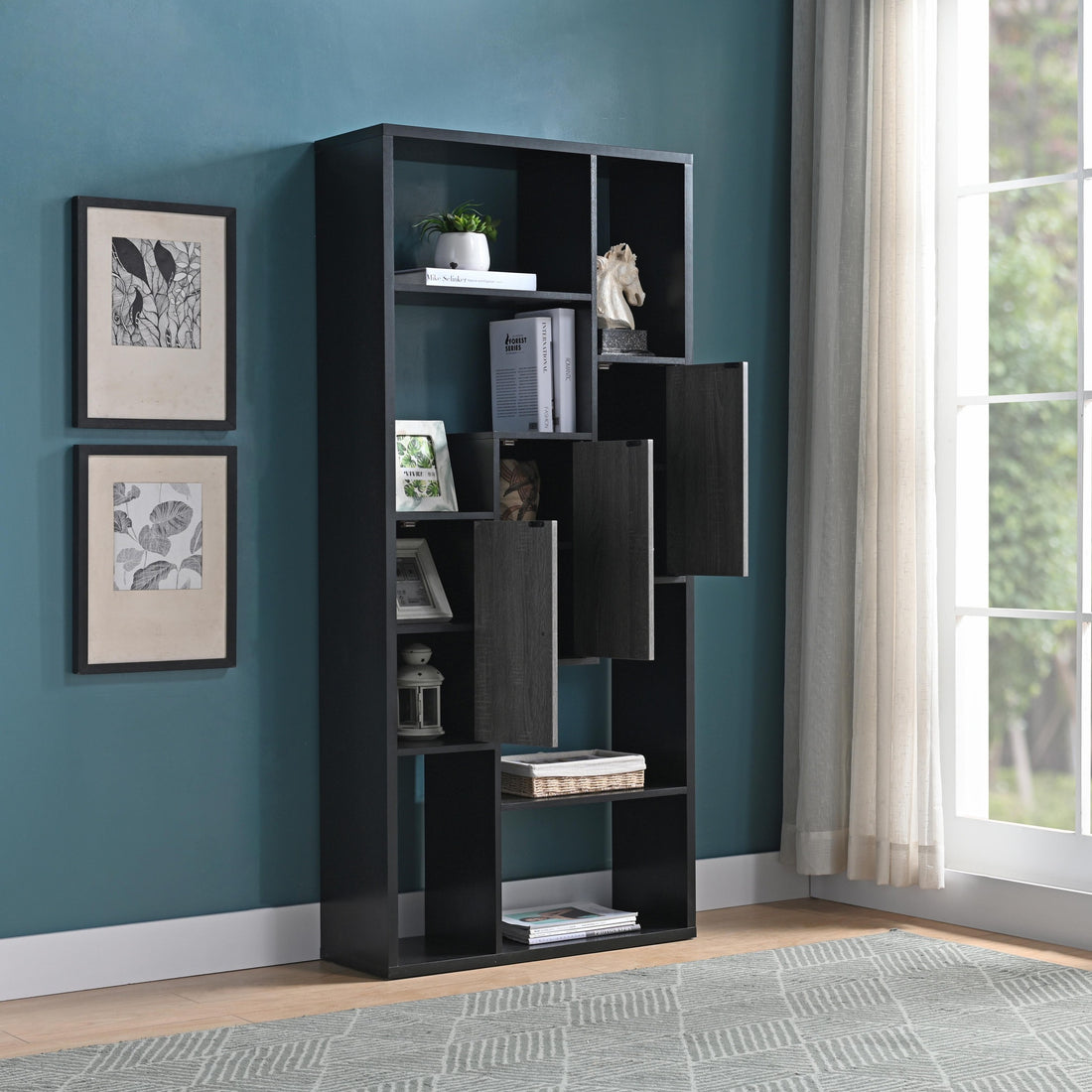 Bookcase Display Storage Cabinet, Multi Shelves Black & Distressed Grey Black Particle Board