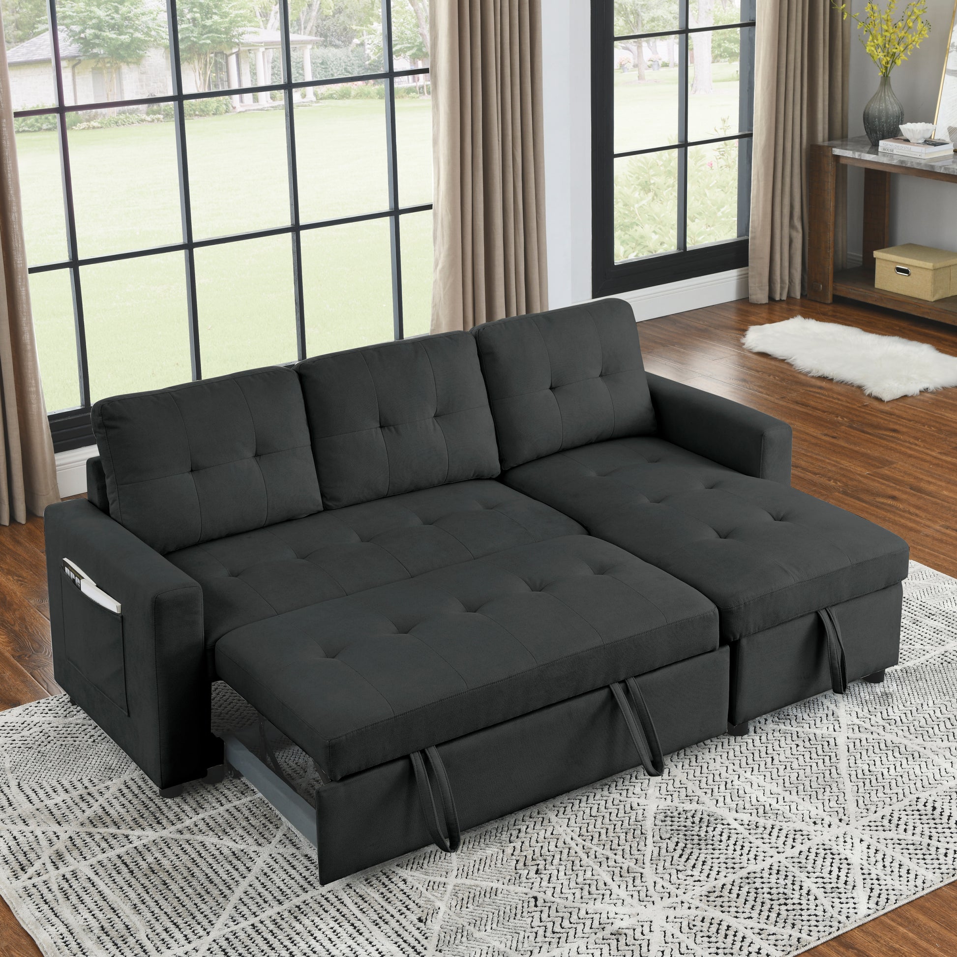 Mh 78.5" Sleeper Sofa Bed Reversible Sectional Couch With Storage Chaise And Side Storage Bag For Small Space Living Room Furniture Set Black Primary Living Space Eucalyptus Polyester Fabric