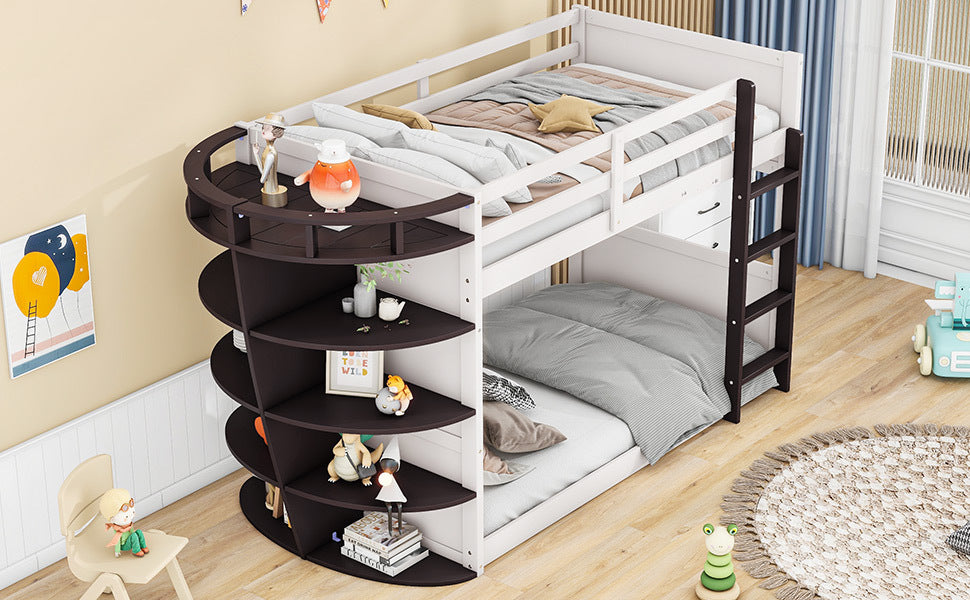 Twin Over Twin Boat Like Shape Bunk Bed With Storage Shelves, Cream Espresso Box Spring Not Required Twin Espresso Wood Bedroom Bunk Solid Wood Mdf