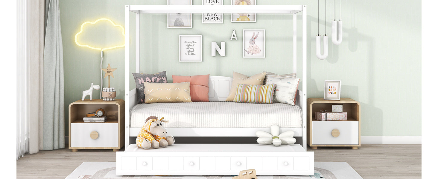 Twin Size Canopy Day Bed With Twin Size Trundle, White White Solid Wood Mdf