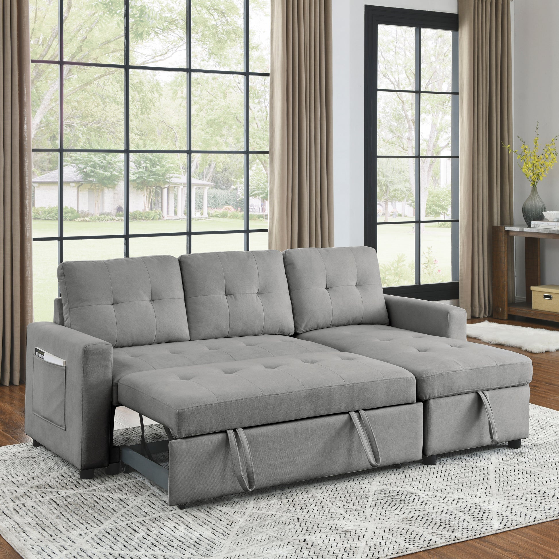 Mh 78.5" Sleeper Sofa Bed Reversible Sectional Couch With Storage Chaise And Side Storage Bag For Small Space Living Room Furniture Set Grey Primary Living Space Eucalyptus Polyester Fabric