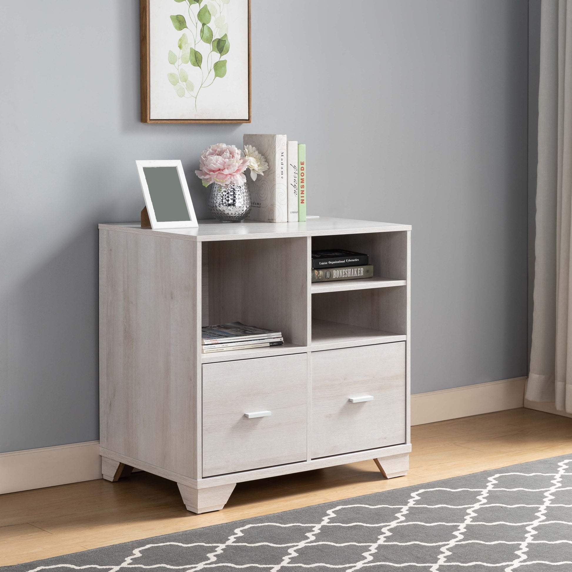 Home Office Printer Stand With Two File Cabinets And Open Shelving In White Oak White Oak Particle Board