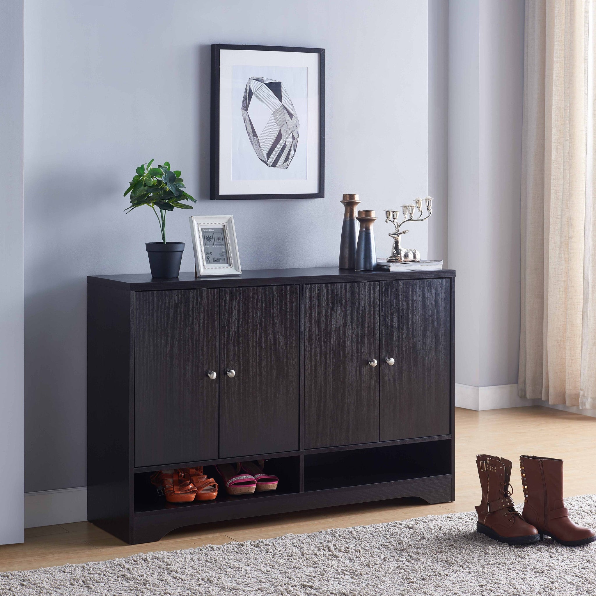 Organizing Shoe Storage Cabinet With Two Sets Of Doors Three Shelves On Each Side Red Cocoa Espresso Particle Board