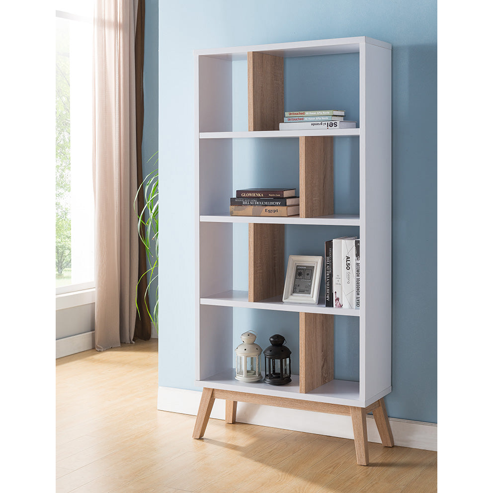 White Two Tone Weathered White Bookcase Display Cabinet Flared Legs Open Back Four Shelves Dividers White Particle Board Mdf